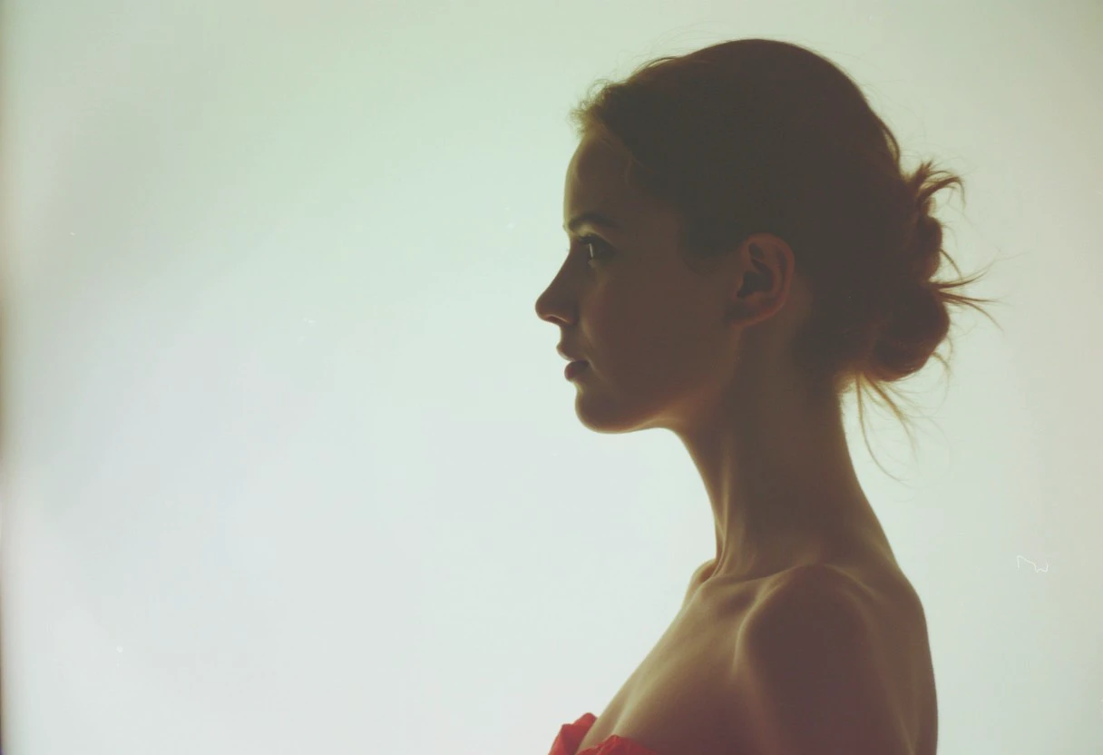 an aesthetic, minimalist depiction of a female profile in side view. The focus is on the soft contours and calm, monochromatic tones. The scene feels mystical and dreamy, almost as if viewed through a delicate mist, with gentle light accentuating the silhouette. The background is diffuse and creamy white, drawing attention to the elegant simplicity of the figure.