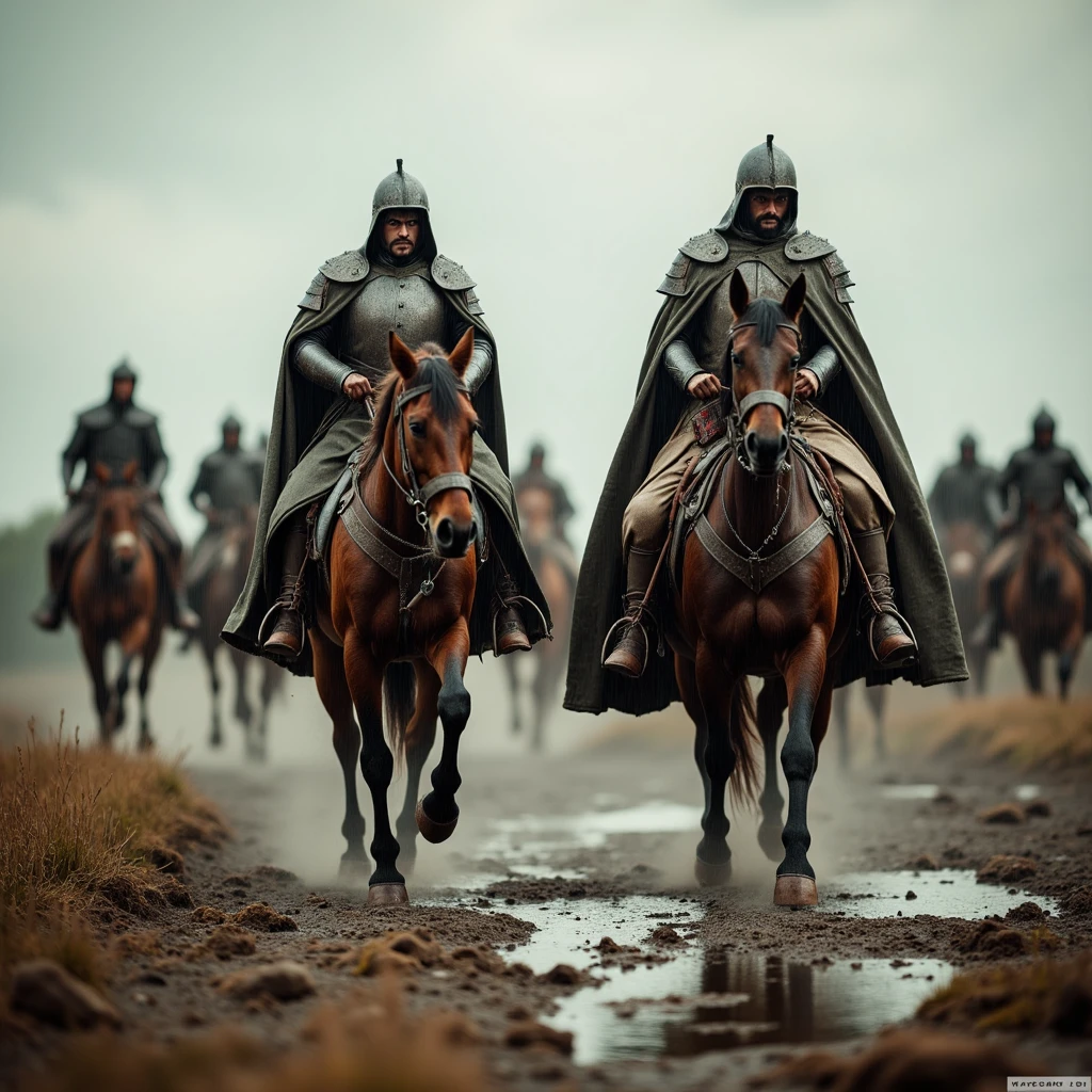 "Imagine an image in the style of epic cinematic photorealism, depicting Crusading Knights trudging through a rain-soaked plain. Mud clings to their boots and horses, and their cloaks are soaked through, adding a sense of weariness and struggle to the composition."