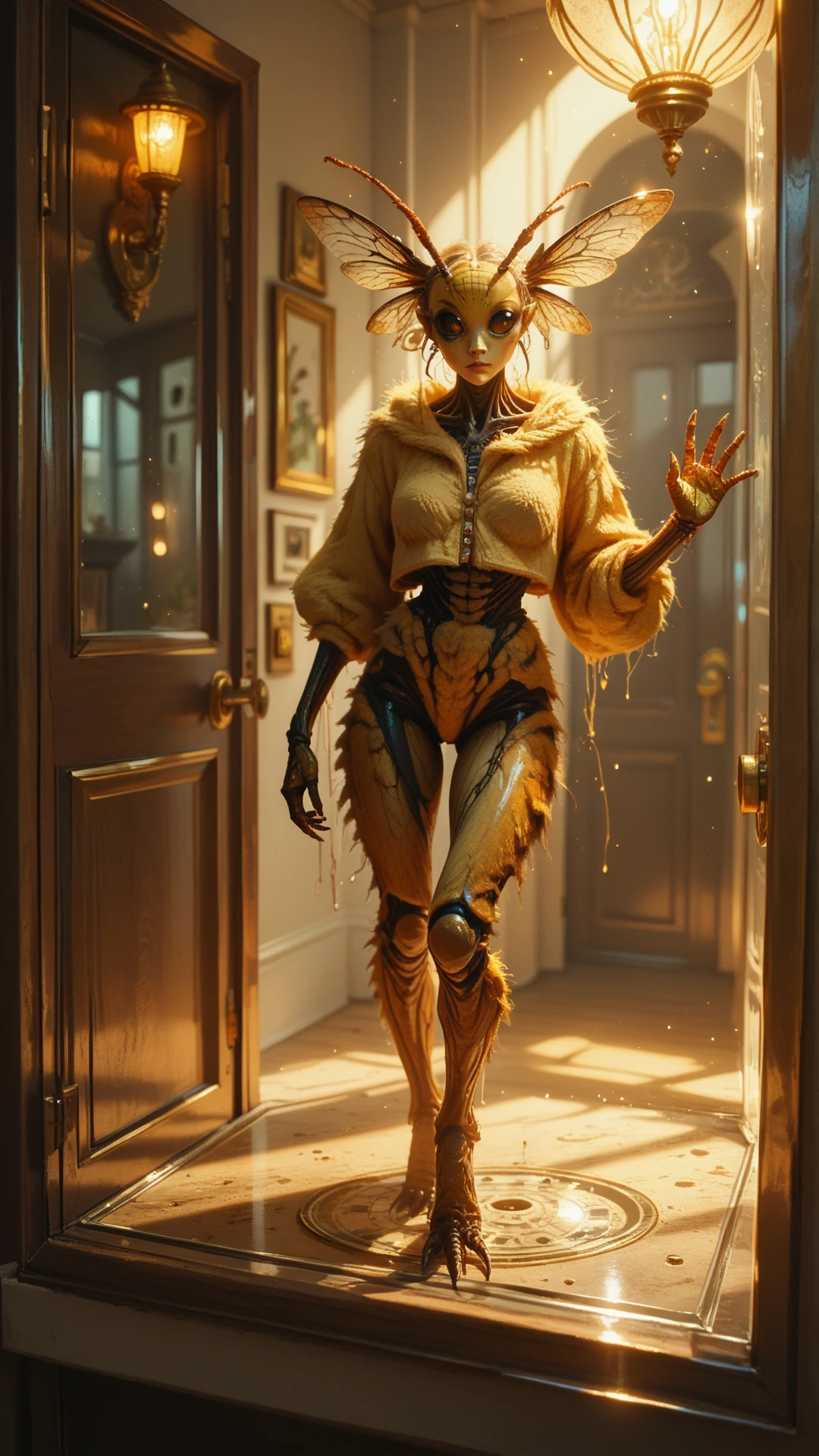 score_9, score_8_up, score_7_up, score_6_up, <lora:InsectHybridPDXL:0.9>human,  insecthybrid Eland, the hybrid is a woman, in location sunset light streaming through a glass door, illuminating a small dining area, full body, ,