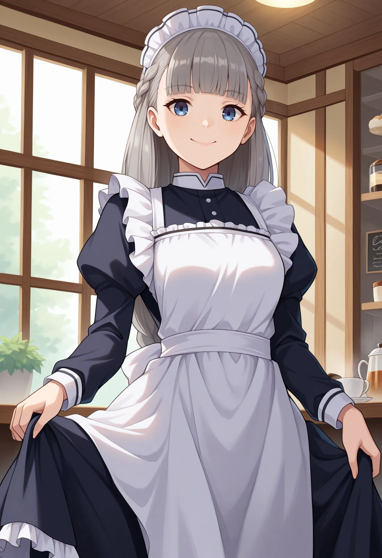 masterpiece, best quality, looking the viewer,  <lora:Lawine v2:1> 1girl, long hair, blue eyes, braid, grey hair, blunt bangs,,indoors,cafe,(maid:1.4),maid headdress,apron,(skirt hold:1.2),standing,cowboy shot,smile,