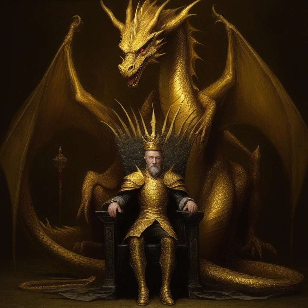 A king sitting in a throne and a gold dragon behind the throne. by Seb Mckinnon,smmg