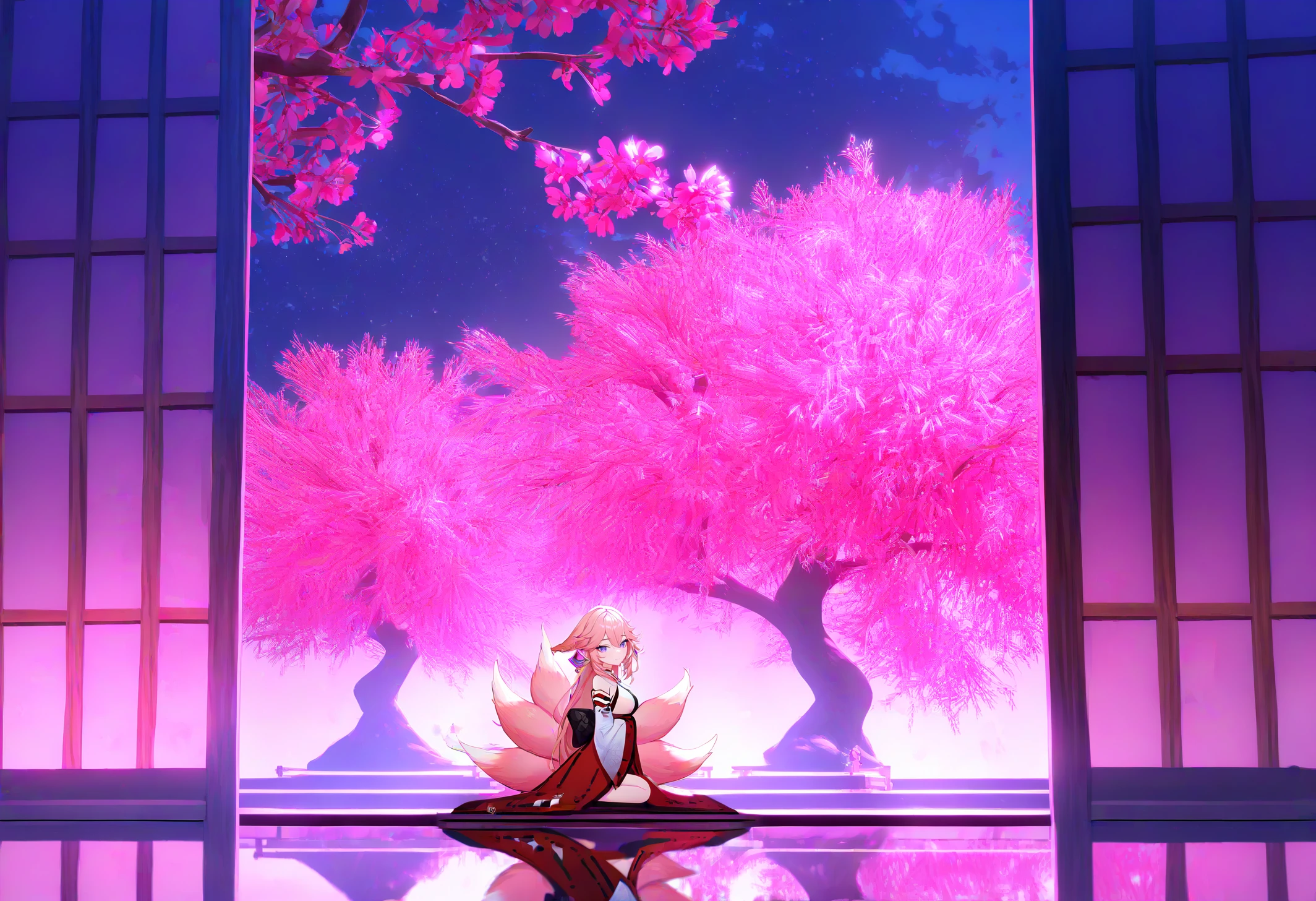 masterpiece, best quality, newest, absurdres, highres, <lora:Detailer_NoobAI_Incrs_v1:1.2>, detailed, 1girl, pink hair, cherry blossoms, yae miko, reflection, multiple tails, fox tail, sitting, wide shot, tree, reflective floor, scenery, pink theme, east asian architecture, seiza, looking at viewer, kitsune, closed mouth,