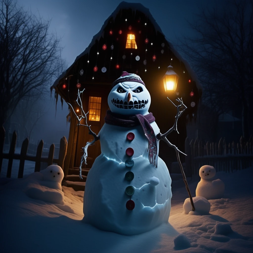 <lora:Grim_Snowmen:1> gr1msn0w, gothic snowman standing in deserted christmas village, eerie glow of shattered string lights reflecting on icy surface, buttons arranged like ancient runes, scarf tattered and blowing in cold wind, broken candy cane limbs, fog creeping over snowy cobblestone streets, tilted dutch angle view capturing cracked wooden houses in background, dark foreboding holiday mood, detailed icy textures and crumbling decor