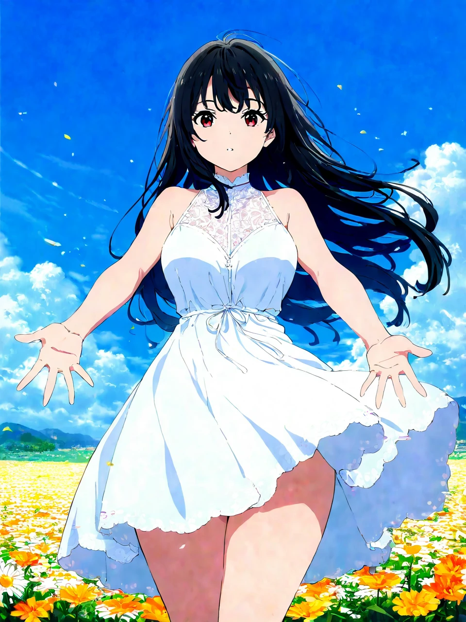 1girl, solo, general, outstretched arms, flower field, day, blue sky, long hair, black hair, red eyes, medium breasts, thick thighs, looking at viewer, white dress, sleeveless, masterpiece, absurdres, very aesthetic, best quality, good quality