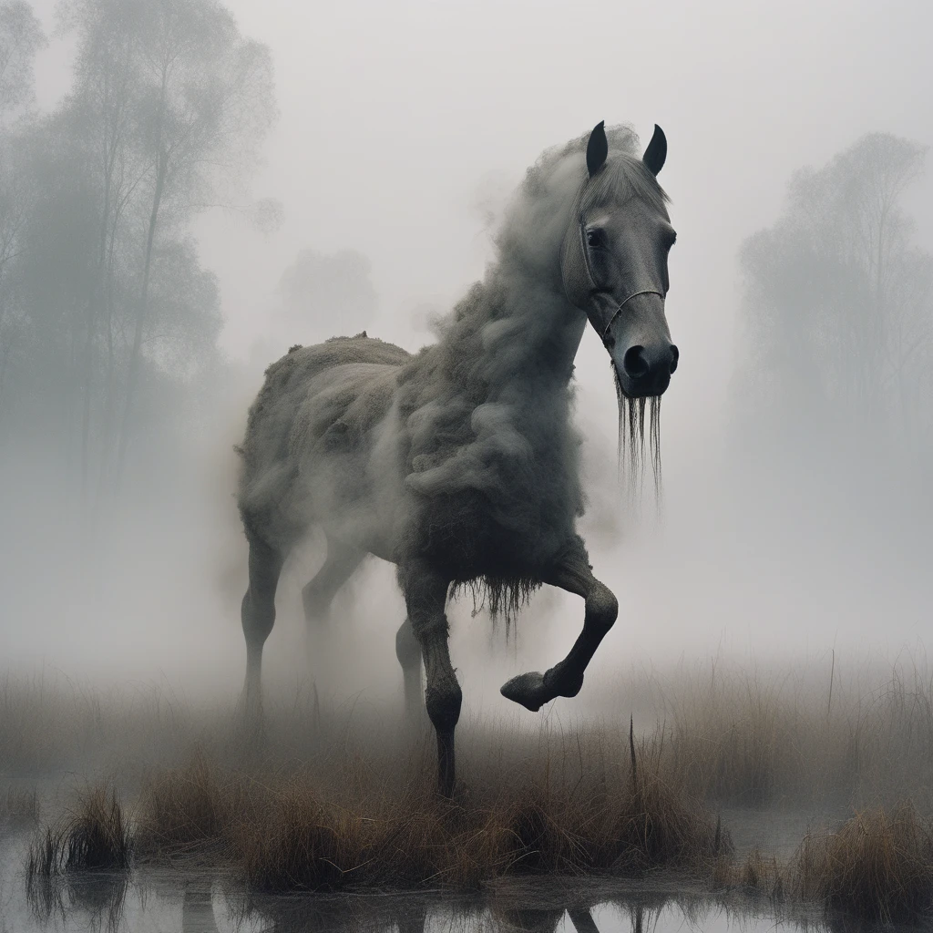 A a horse made entirely of smoke running in a misty swamp. by Seb Mckinnon,smmg