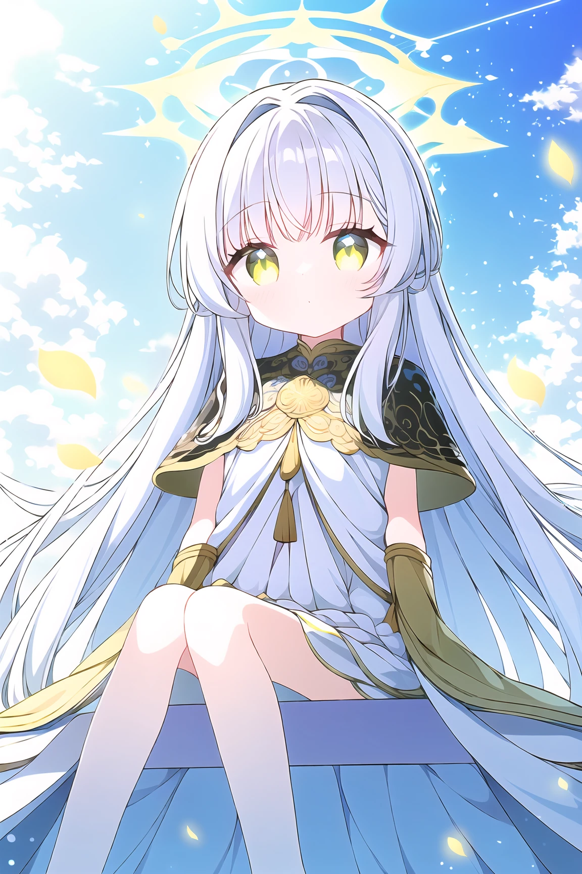 (exceptional, best aesthetic, new, newest, best quality, masterpiece, extremely detailed, anime:1.2),A captivating, dreamlike anime girl sitting in a fantastical heavenly landscape filled with radiant shades of pure white, shimmering gold, and soft ivory tones. Her flowing hair is a mix of luminous white and golden strands, catching glimmers of celestial light and blending seamlessly into the divine surroundings. Her eyes have a subtle shimmer of radiant gold and soft ivory, reflecting the ethereal, sacred world around her. She wears a delicate outfit with intricate lace patterns and glowing golden accents, harmonizing with the luminous, cloud-filled background and floating pale golden petals. The background is a surreal blend of soft gradients, glowing clouds, and sparkling beams of light in shades of white and gold, creating an enchanted, serene atmosphere reminiscent of heaven. Delicate butterflies, radiant orbs, and gentle, glowing trails float around her, emphasizing the tranquil, otherworldly energy of the scene. The art style is rich in gradients of white and gold, with smooth, defined lines and soft, radiant lighting that add depth and elegance, giving the scene a mystical, divine quality, (sitting:1.3).