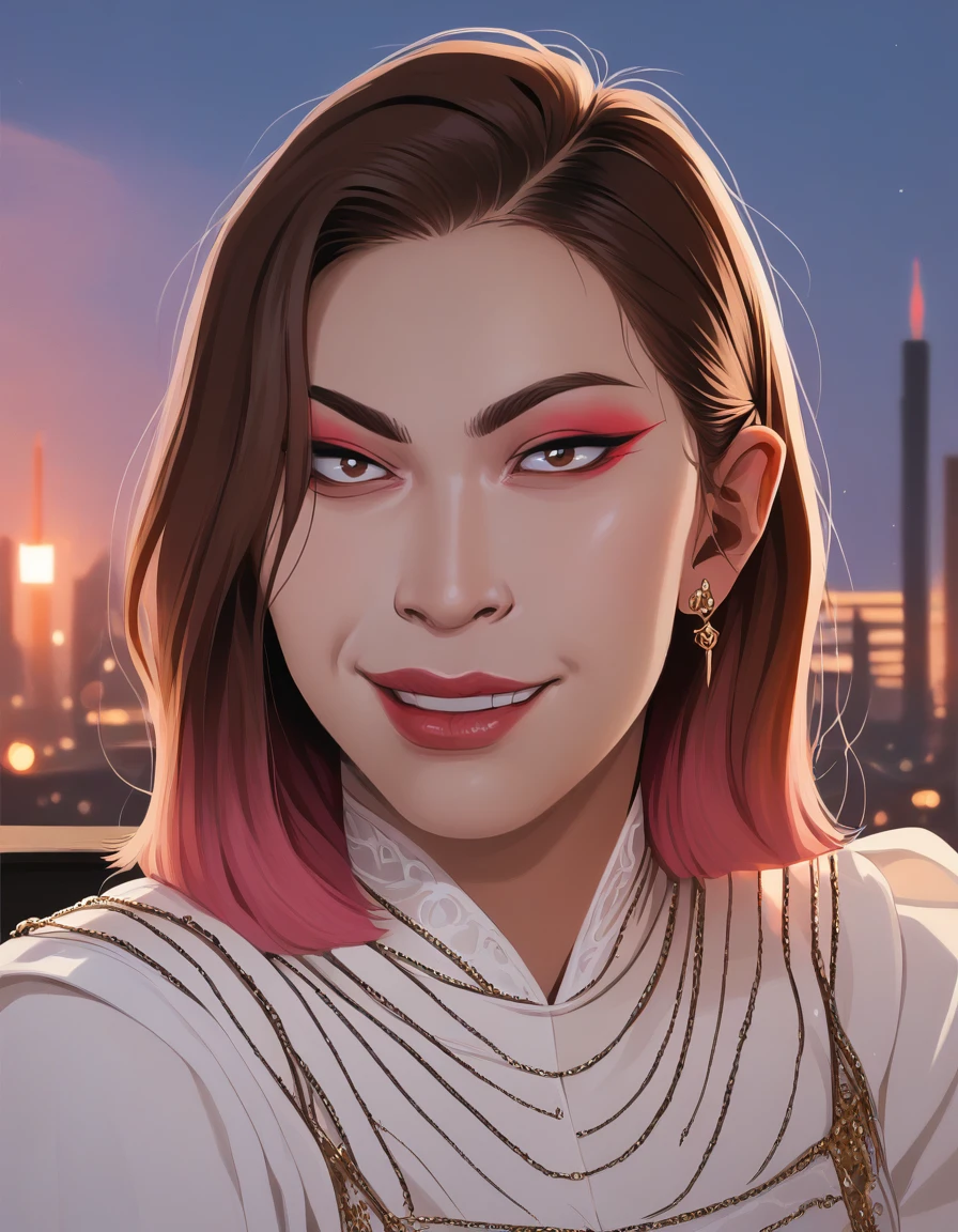 best quality,absurdres,
score_9,score_8_up,epiCPhoto,
<lora:Ryujin-06:1>,korean woman,ryujin,dark brown eyes,
1girl,makeup,eyeshadow,dark brown hair,lips,fashion clothes,pink hair,closed mouth,straight hair,cityscape, 
<lora:Incase_Journals_style_r1:0.5>,icjournals,blocky,painterly,<lora:g0th1c2XLP:0.25>,g0th1c,<lora:ARKN2:0.25>,arkn2,<lora:JustAsPlannedMeme_pdxl_Incrs_v1:1>,smile,grin,evil smile,looking at viewer,