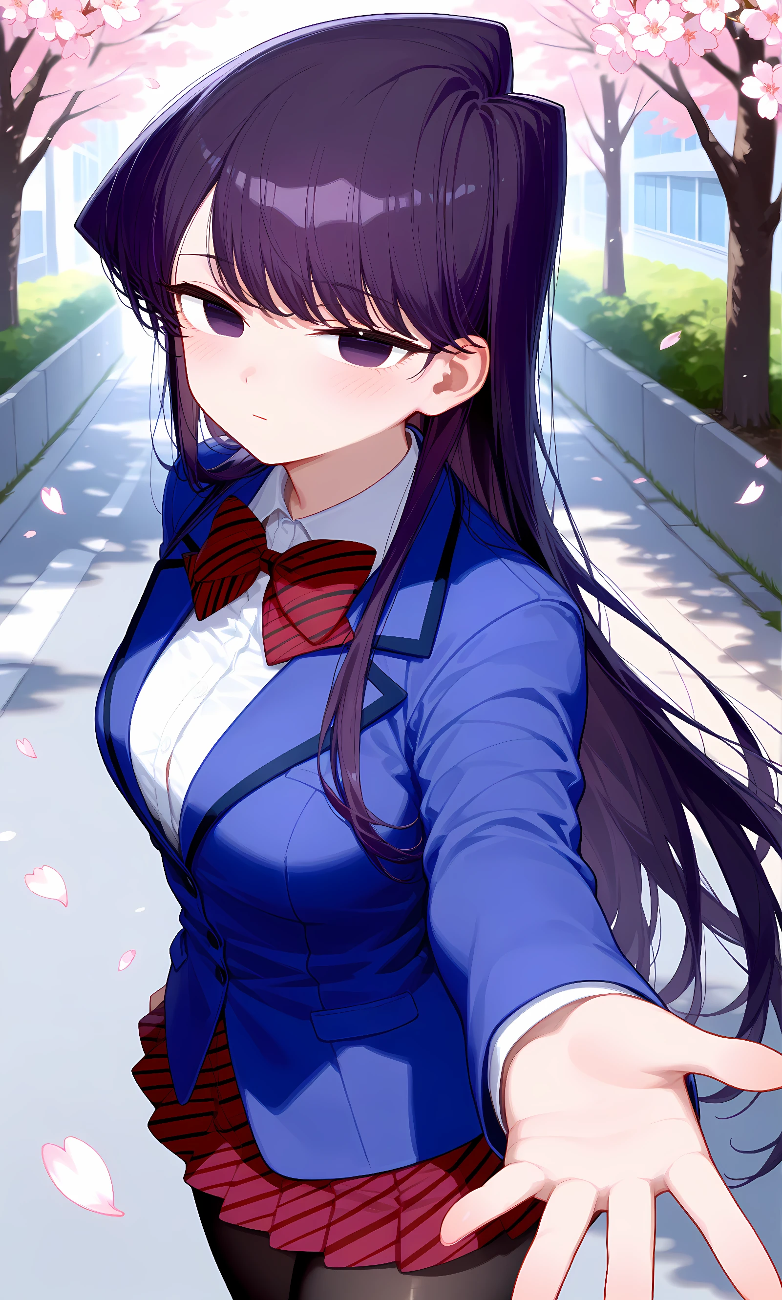 score_9, score_8_up, score_7_up, source_anime, 1girl, solo, outdoors, street, cherry blossoms, cowboy shot, looking at viewer, shiny skin, close-up, komi shouko, purple eyes, purple hair, bangs, very long hair, blue blazer, long sleeves, jacket, red bowtie, diagonal-striped bowtie, microskirt, red skirt, diagonal-striped skirt, black pantyhose, brown shoes, closed mouth, no pupils, half-closed eyes, outstretched arms