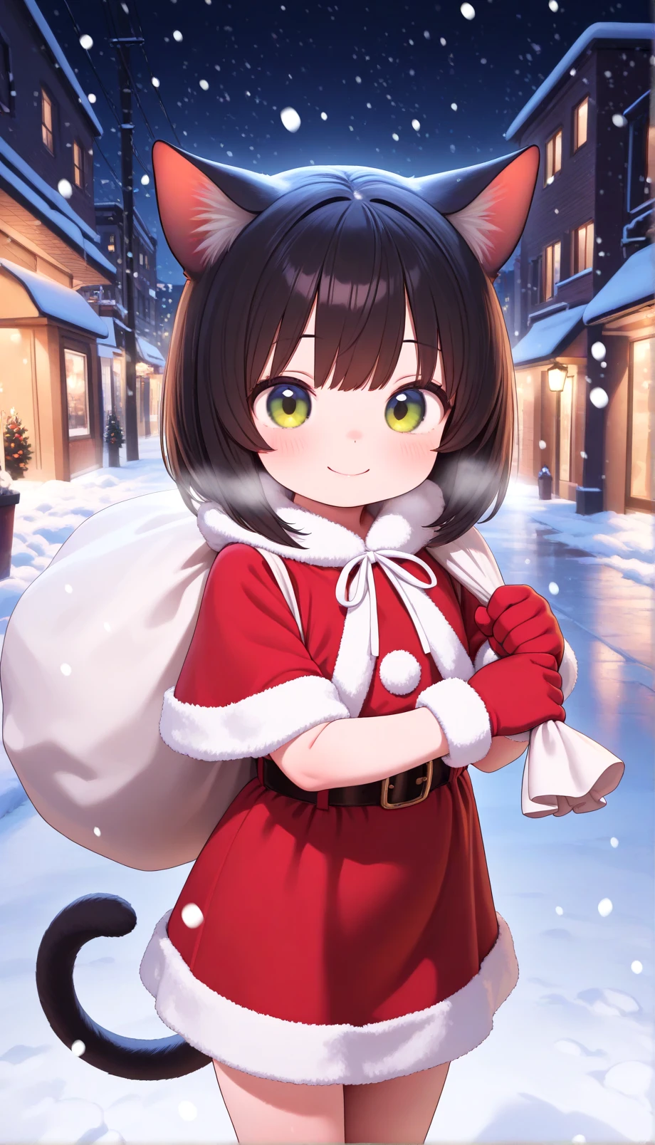 1girl,little_girl,gently smile,cat ears,street,cat tail,santa costume,santa gloves,holding sack,night,snow,snowing,looking at viewer,
general,masterpiece,amazing quality,very aesthetic,absurdres,newest,