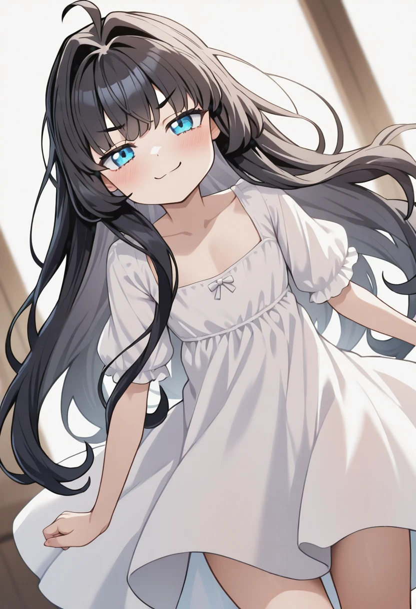 masterpiece,best quality,absurdres,perfect lighting,
*//*,<lora:BlancheFreidkin_Illustrious:1>,blanche_freidkin1girl,flat chest,blue eyes,black hair,long hair,hair intakes,ahoge,white dress,
*//*,looking at viewer,cowboy shot,dutch angle,dynamic pose,smirk,