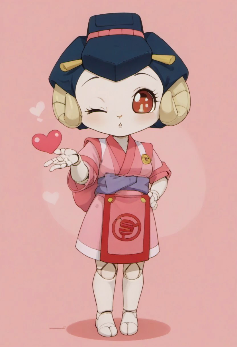 1girl, (omitsu, sheep girl, two-tone fur, ((android)), doll joints, petite, [shortstack], skinny,), score_9, score_8_up, score_7_up, score_6_up, score_5_up, score_4_up, chibi, short legs, medium breasts, thin waist, red eyes, full body, one closed eye, pink short kimono,
blowing kiss, heart,