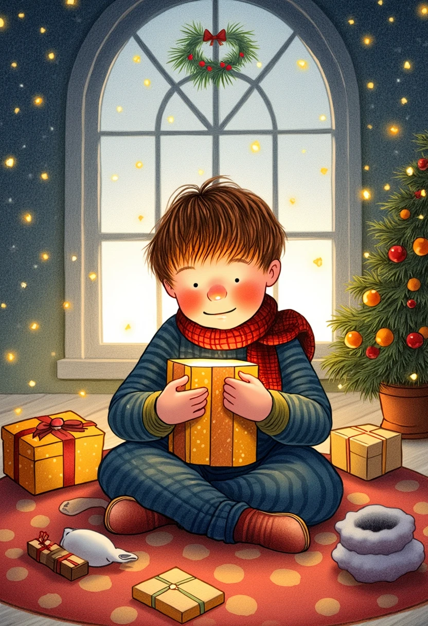 snwmn_style illustration, a boy opening his gifts on christmas morning inside it's cosy and warm, children's illustration