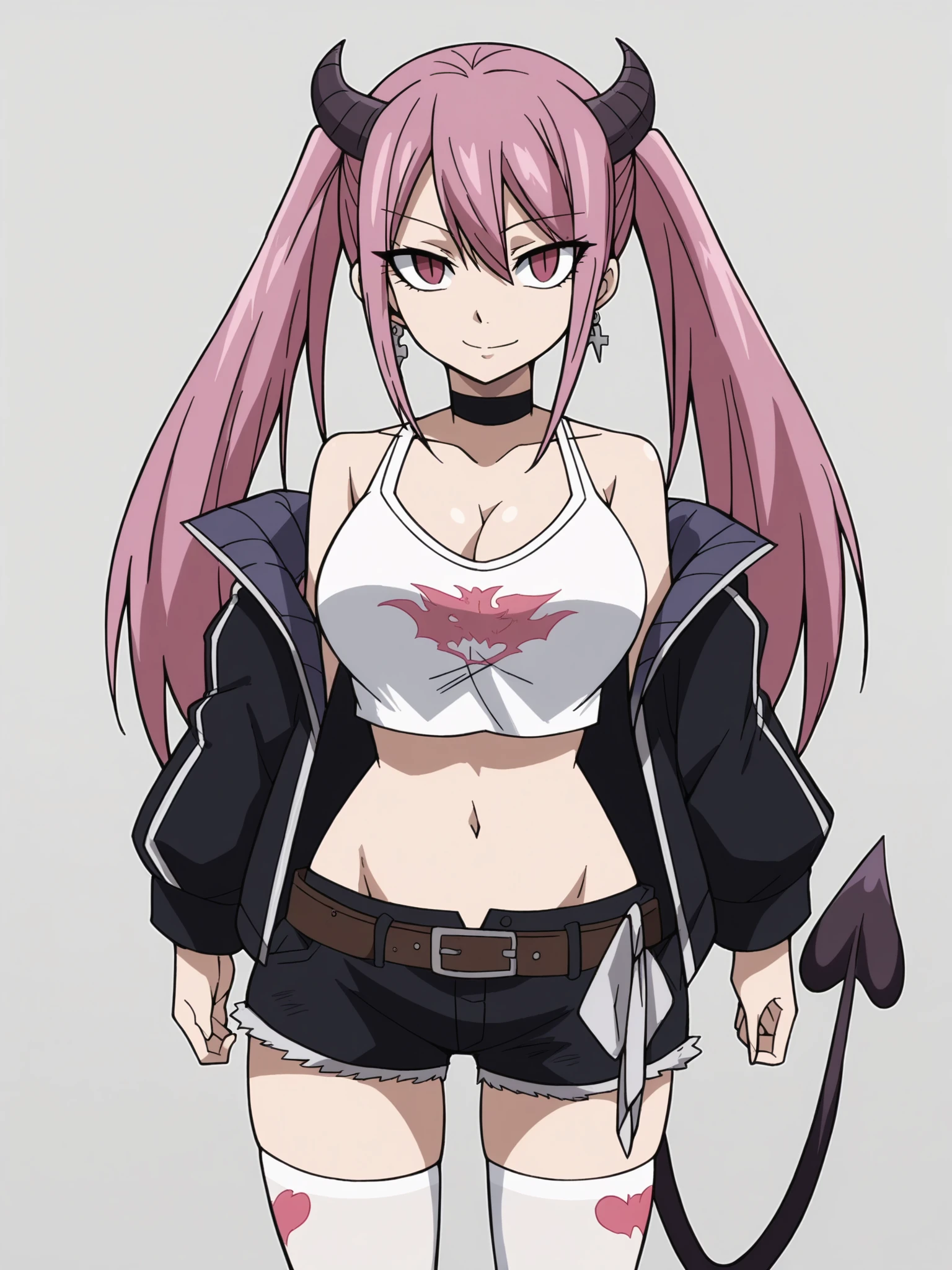 score_9, score_8_up, score_7_up, score_6_up, score_5_up,
1girl, solo, breasts, tail, pink_hair, horns, demon_tail, shorts, jacket, twintails, large_breasts, smile, looking_at_viewer, long_hair, navel, choker, black_background, pink_eyes, short_shorts, belt, demon_girl, pink_jacket, demon_horns, simple_background, tank_top, open_jacket, cleavage, black_shorts, open_clothes, thighhighs, off_shoulder, bare_shoulders, closed_mouth, head_tilt, hair_between_eyes, cowboy_shot, jewelry, micro_shorts, collarbone, black_choker, white_thighhighs, crop_top, bangs, earrings, clothes_writing, shirt, midriff, standing, see-through, contrapposto, long_sleeves,
 <lora:Fairy_Tail_2018:1>