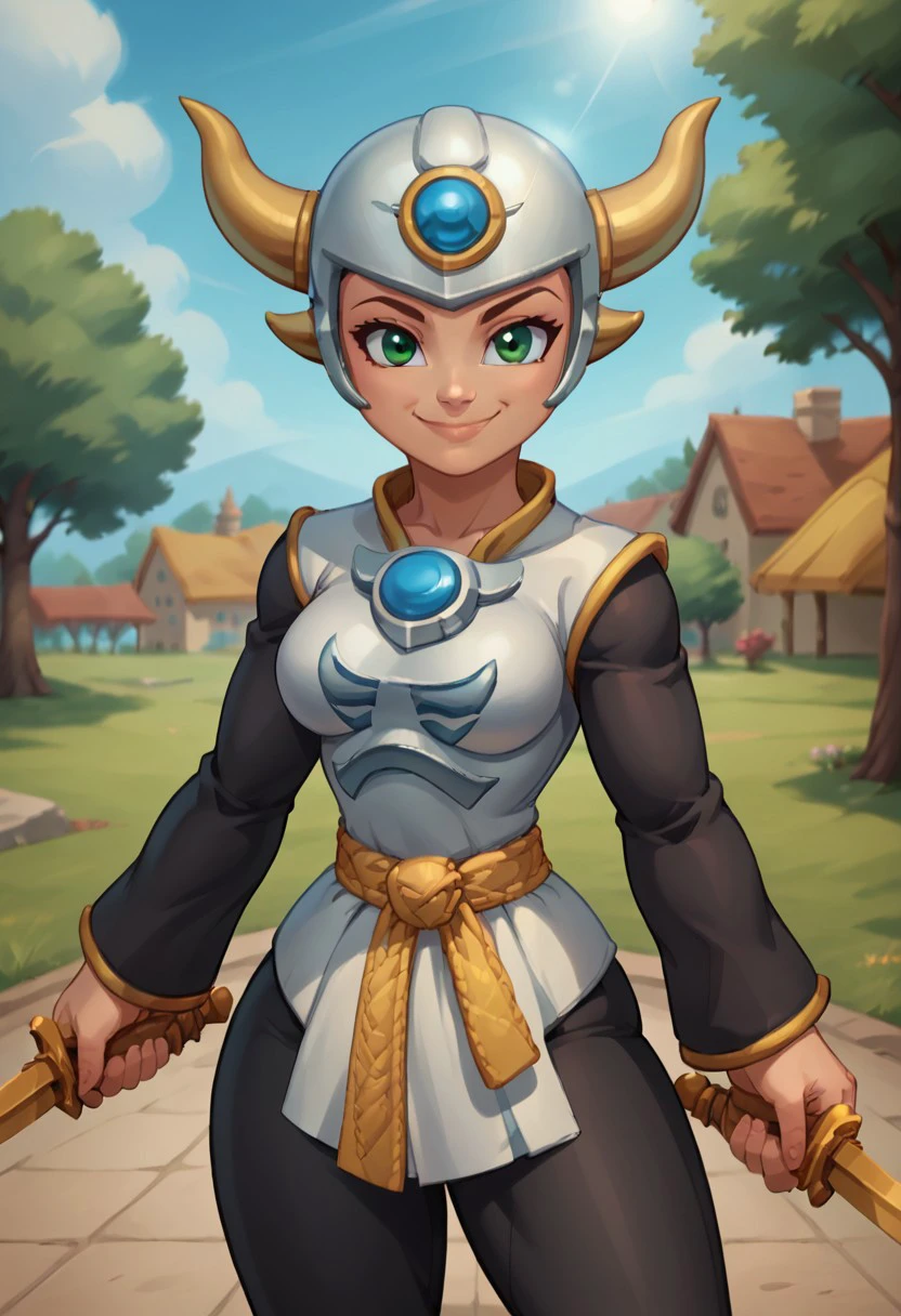 park neighborhood, park background, day, day time, 2d, 1girl, masterpiece, best quality, extreme detail, hourglass figure, wide hips, round boobs, medium breasts, mature female, 2d, 1girl, solo, Skylanders, Aurora, green eyes, helmet, headgear, horns, white top, yellow belt, tied belt, long sleeves, black sleeves, loose sleeves, black pants, bare hands, chest jewel, forehead jewel, gold trim, swords, holding swords, gold swords, dual wielding,
close up, happy expression, smile, looking at viewer, closed mouth,