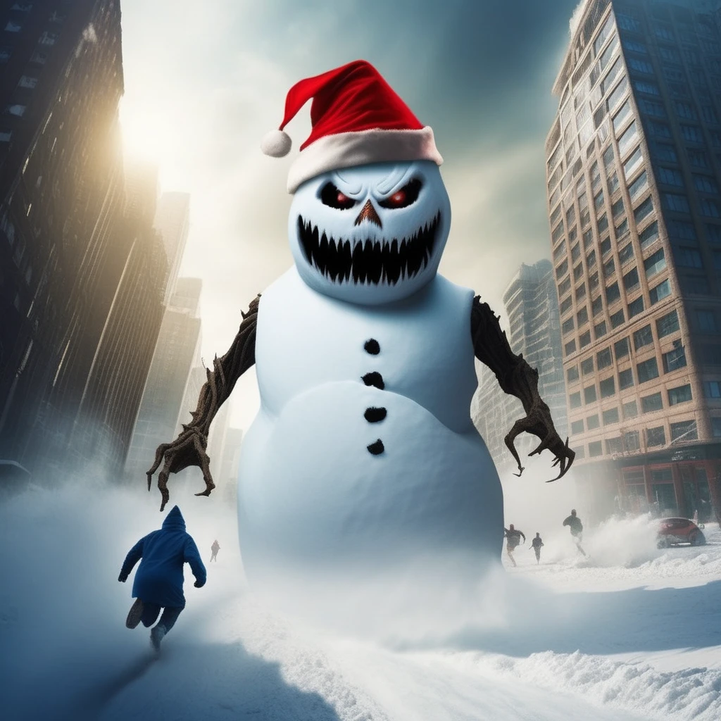 <lora:Grim_Snowmen:1> gr1msn0w, sinister gigantic,huge, enormous snowman monster, santa hat, destroying the city, hitting a building, people running for their lives,