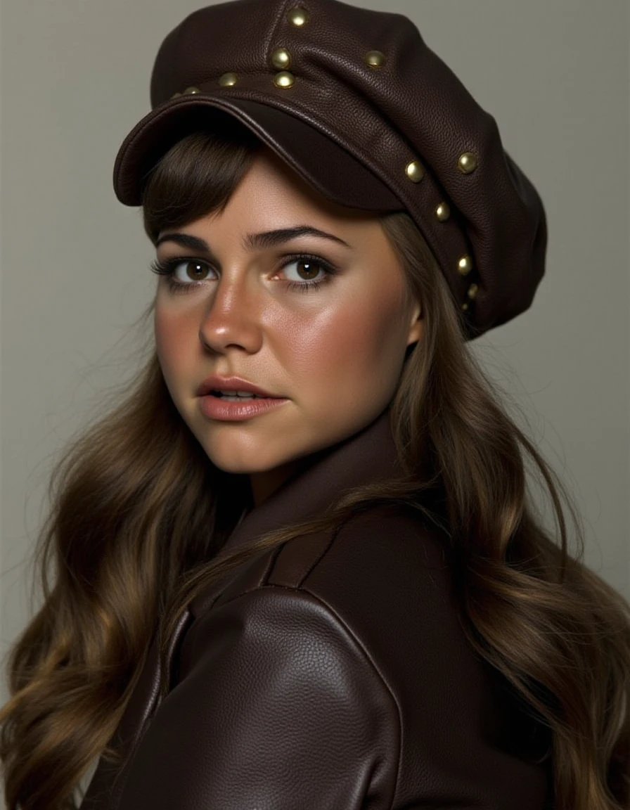 in full leather biker gear including a leather studded cap <lora:sally-field-flux:1.1>