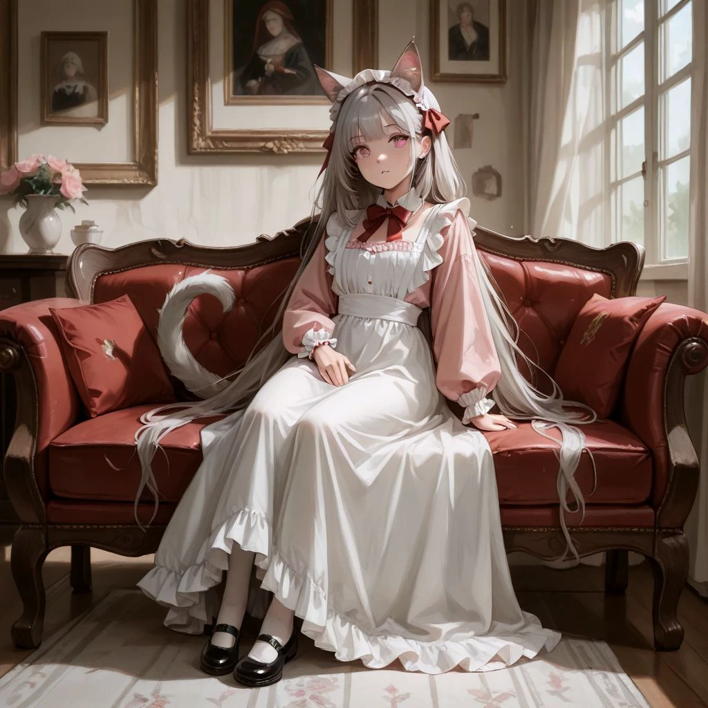 masterpiece, highres, absurdres, newest, very awa, painting \(medium\), (flat color:1.1), indoors, couch, curtains,  1girl, solo, grey hair, pink eyes, cat ears, maid, white apron, frilled dress, very long dress, long sleeves, wrist cuffs, red bowtie, white pantyhose, mary janes,   sitting, hand on own thigh, arm support,   <lora:spo_sdxl_10ep_4k-data_lora_webui>,  <lora:illustrious_noobai_epsilon_pred_1_best_quality_v1:0.4>, <lora:FKEY_WAI>,
<lora:IL_grolaprod_wed008:0.3>