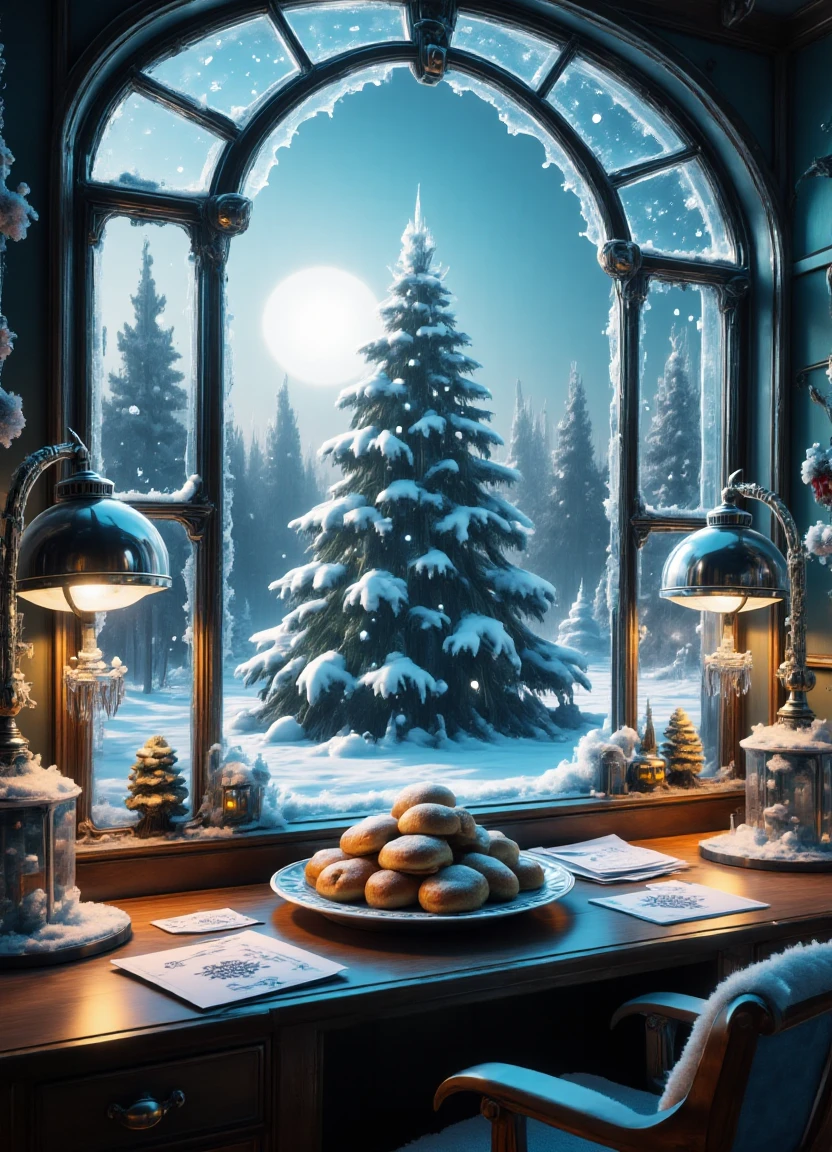 A serene winter wonderland scene with a frosty glas effect on the trees, set against a Christmas Eve background inspired by "The Grinch". A plate of warm cinnamon rolls sits atop a wooden desk adorned with vintage DonMfr0stp4nkfx style lamps. In the foreground, people are surrounded by paper snowflakes and sending/receiving handmade heartfelt Christmas cards amidst full anticipation and excitement reminiscent of nostalgic memories.