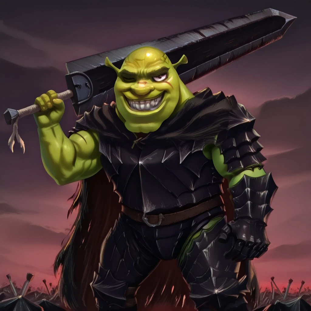 masterpiece, best quality, newest, absurdres, highres, berserk, 1boy, shrek, bald, green skin, Guts_Armor, brown eyes, scar on nose, black armor, full armor, torn cape, one eye closed, muscular male, DragonSlayerSword-Il.V1.0, wielding-dragonslayer, huge weapon, sword, holding sword, holding weapon,
Berserkingtimeface, smile, teeth, one eye closed, grin,