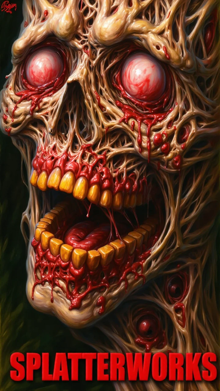 splatter, This is a digital artwork featuring a highly detailed, grotesque depiction of a demonic or monstrous face. The image is rendered in a hyper-realistic, hyper-detailed digital painting style with a focus on horror and gore. The subject's face is a human skull, but it is twisted and distorted, with skin-like, slimy, and fleshy textures that are torn and stretched, revealing a nightmarish, pulsating interior.  Text at the bottom of the image reads "Splatterworks" in a big and bold gory scary font.<lora:Splatterworks_-_FLUX-000021:1>