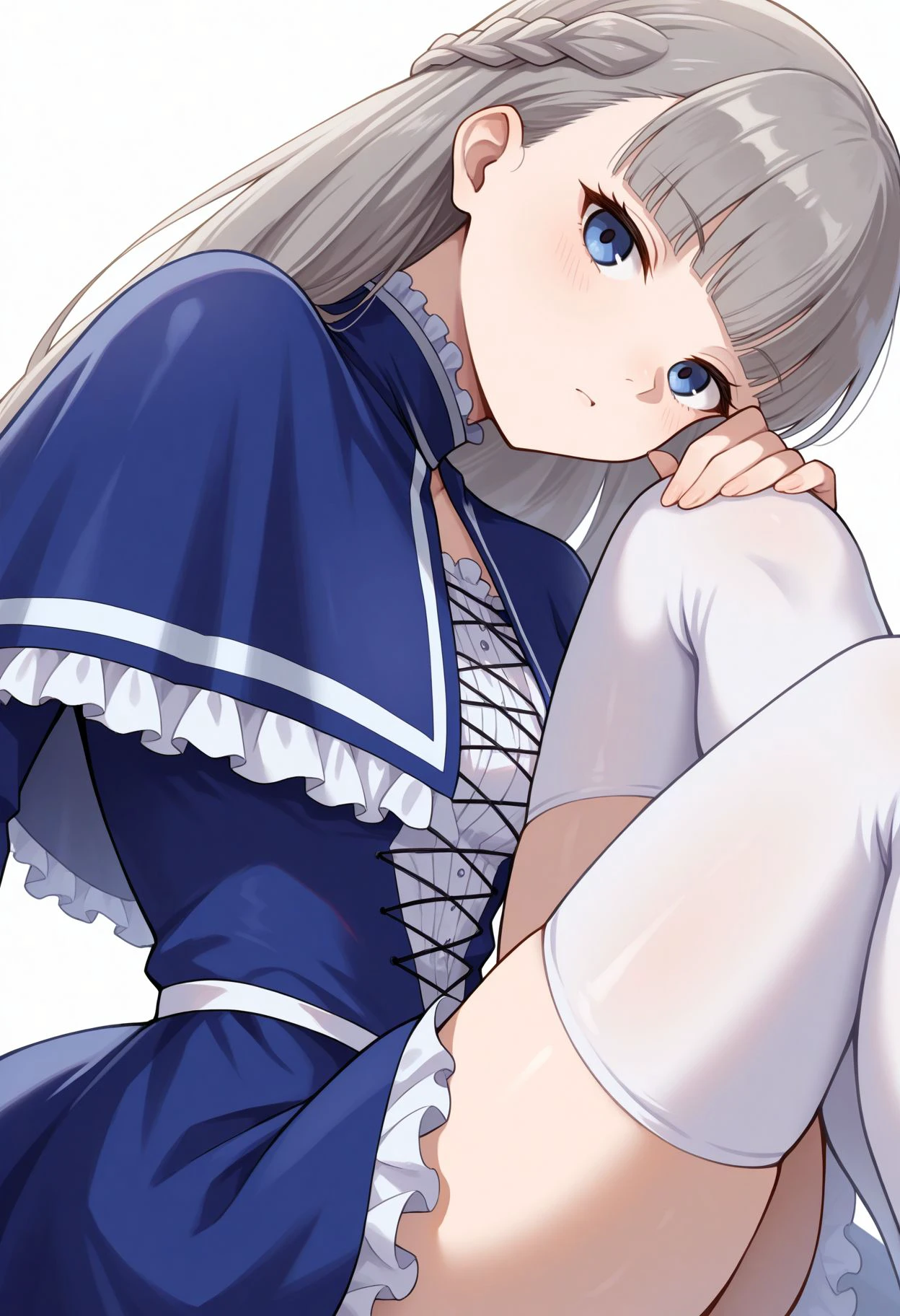 masterpiece, best quality,  , looking at viewer, white background, 
 <lora:Lawine v2:1> 1girl, long hair, frills, blue eyes, blue dress, braid, long sleeves, grey hair, blue capelet, blunt bangs, white thighhighs, frilled dress, cross-laced clothes, frilled capelet