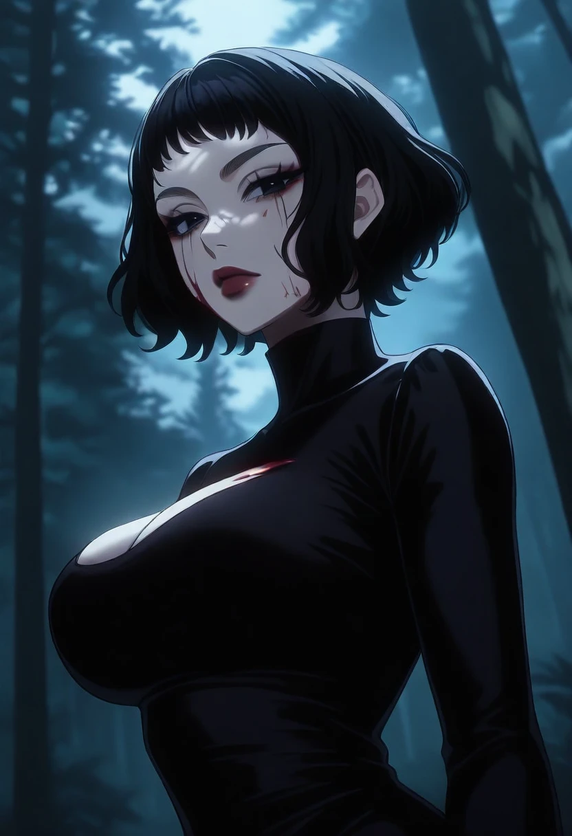 SHSLG, 1girl, solo, black hair, looking at viewer, short hair, bangs, closed mouth, dress, black eyes, dutch angle, red lips, fair skin, big breasts, dark forest, dappled moonlight, upper body, blood, lowered head