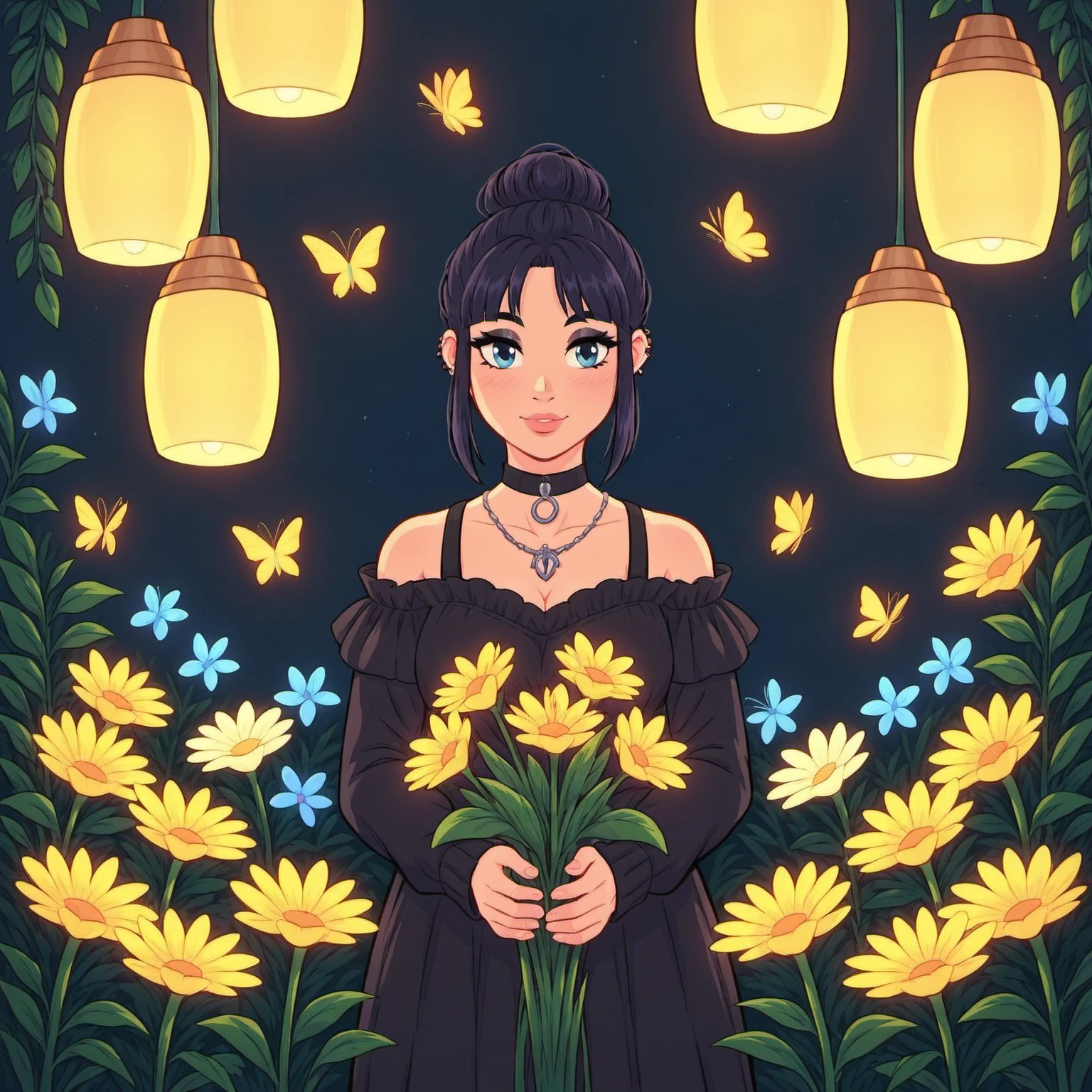 woman, flowers, dress, butterflies, hanging lanterns, night, garden, goth, eyeliner, goth woman  <lora:flower_woman_01_resized:0.6>