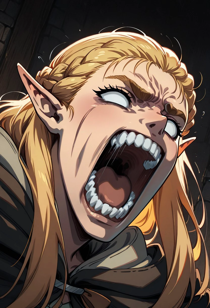 masterpiece, best quality, newest, absurdres, highres, berserkscream, open mouth, teeth, scream, screaming, 1girl, marcile_donato \(dungeon meshi\), blonde, elf, pointy ears,