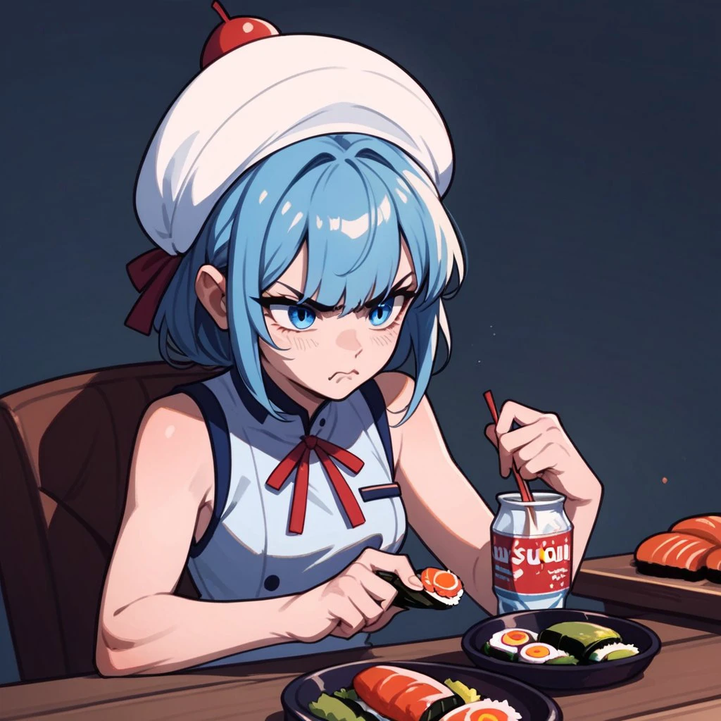 score_9, score_8_up, score_7_up, score_6_up, score_5_up, score_4_up, creamsoda, blue hair, blue eyes, white hat, uniform, sleeveless, angry, sitting, table, sushi, red ribbon