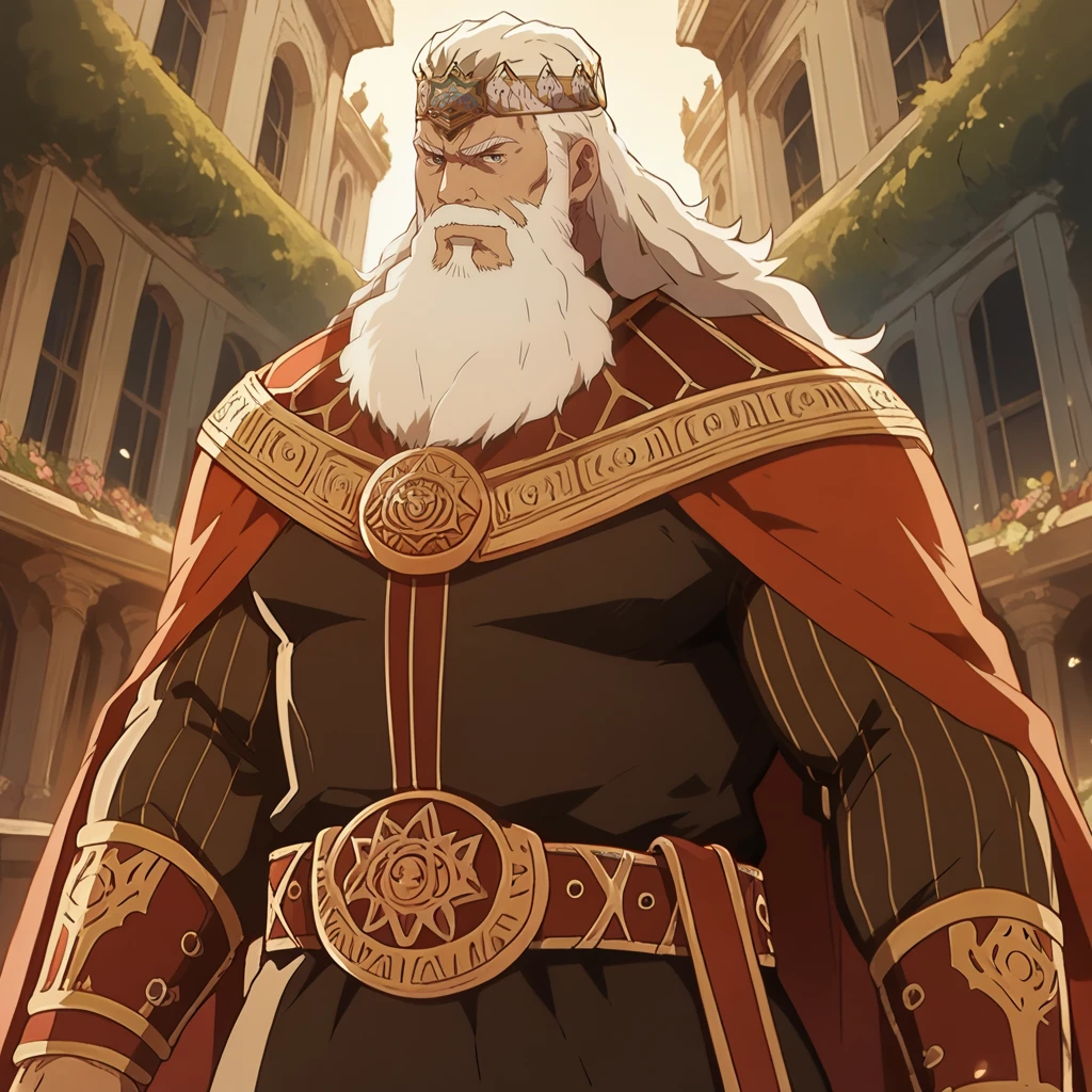 score_9, score_8_up, score_7_up, rating_safe, detailed, hhammerhand, solo, muscular male, plump, looking at viewer, detailed face, facial hair, beard, crown, royal outfit, red cape, belt, outside, bright colors, vibrant colors,    <lora:Helm_Hammerhand-000009:1>