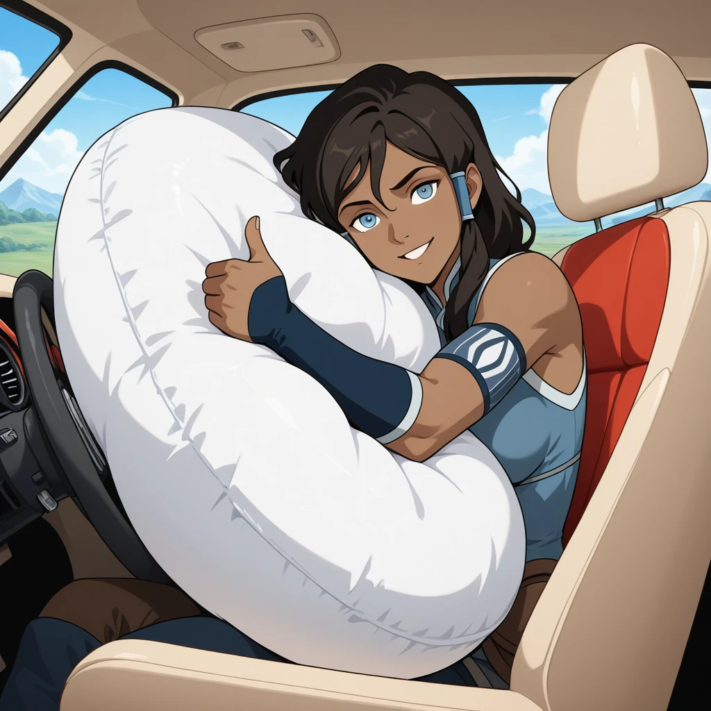 1girl, Korra from Legend of Korra, Inflatedairbag,  High quality, best quality, masterpiece, anime, (front view:1.3),  (highly detailed),  (car crash:1.15), in the style of highly detailed concept art, 
 
Korra is in the passanger seat of a car,  driving car, She has large breast, airbag is in front of her, she is hugging the airbag, she is giving a thumbs up, airbag coming out of the dashboard

(car interior is steam punk:1.1),  (Korra's entire outfit is blue:1.3),