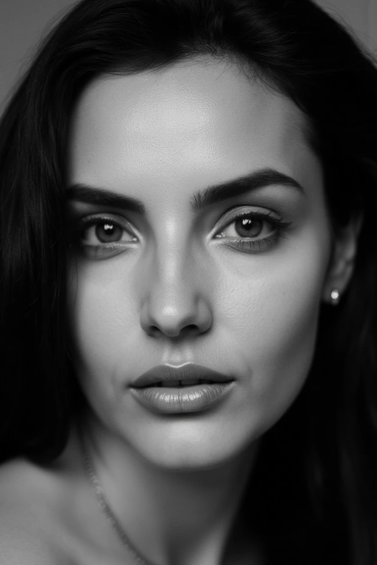 portrait inspired by Peter Lindbergh's photographic style of priyaflx, a woman looking directly into the camera with an intimate and deep expression. dark brown eyes. ** Lighting ** must be soft and natural,avoiding exaggerated perfection,and focusing on capturing the human essence and the natural beauty of women. Shadows and lights should accentuate the lines and textures of the face,highlighting its emotional and vulnerable expression. The woman's face is devoid of makeup or a very subtle touch,highlighting the authenticity and imperfection that Lindbergh valued in his portraits. The ** precise details ** include a deep look,with eyes that convey history,strength and fragility at the same time. The expression on her lips is relaxed,with a slight separation that adds a touch of naturalness and spontaneity. The texture of your skin,with all its small imperfections,pores and subtle wrinkles,should be faithfully captured,enhancing the real beauty without touch-ups or filters. The ** fundo ** is simple and out of focus,typically neutral,with shades of gray that do not distract attention from the face. The image uses minimal depth of field,with an absolute focus on the woman's face and the rest in a gentle blur. Black and white should be full of soft contrasts,but without losing the delicacy of the shadows,creating a raw,emotional and living environment. Make sure the image ** conveys a sense of humanity,authenticity and emotional connection **,key features of Peter Lindbergh'******. The woman must appear strong but accessible,showing her beauty without the need for ornaments,with a direct connection between her gaze and the viewer. ** Additional items ** are minimal,with all the attention on the woman's face and expression.
