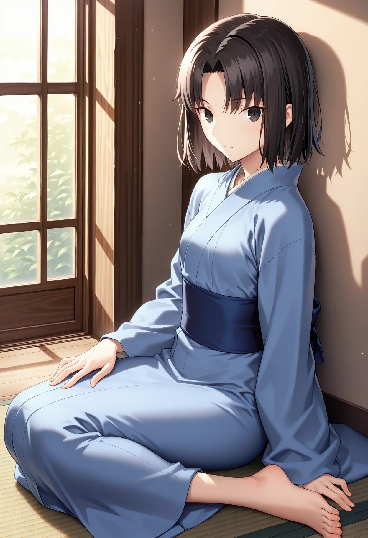 masterpiece,best quality, r_shiki, 1girl, solo, short hair, parted bangs, black hair, tsurime, black eyes, blue kimono, japanese clothes,sash,long sleeves, small breasts, hand on own thigh, sitting, barefoot, from side,looking at viewer, against wall, on ground, window,<lora:r_shiki_2_IL-100007:0.9>