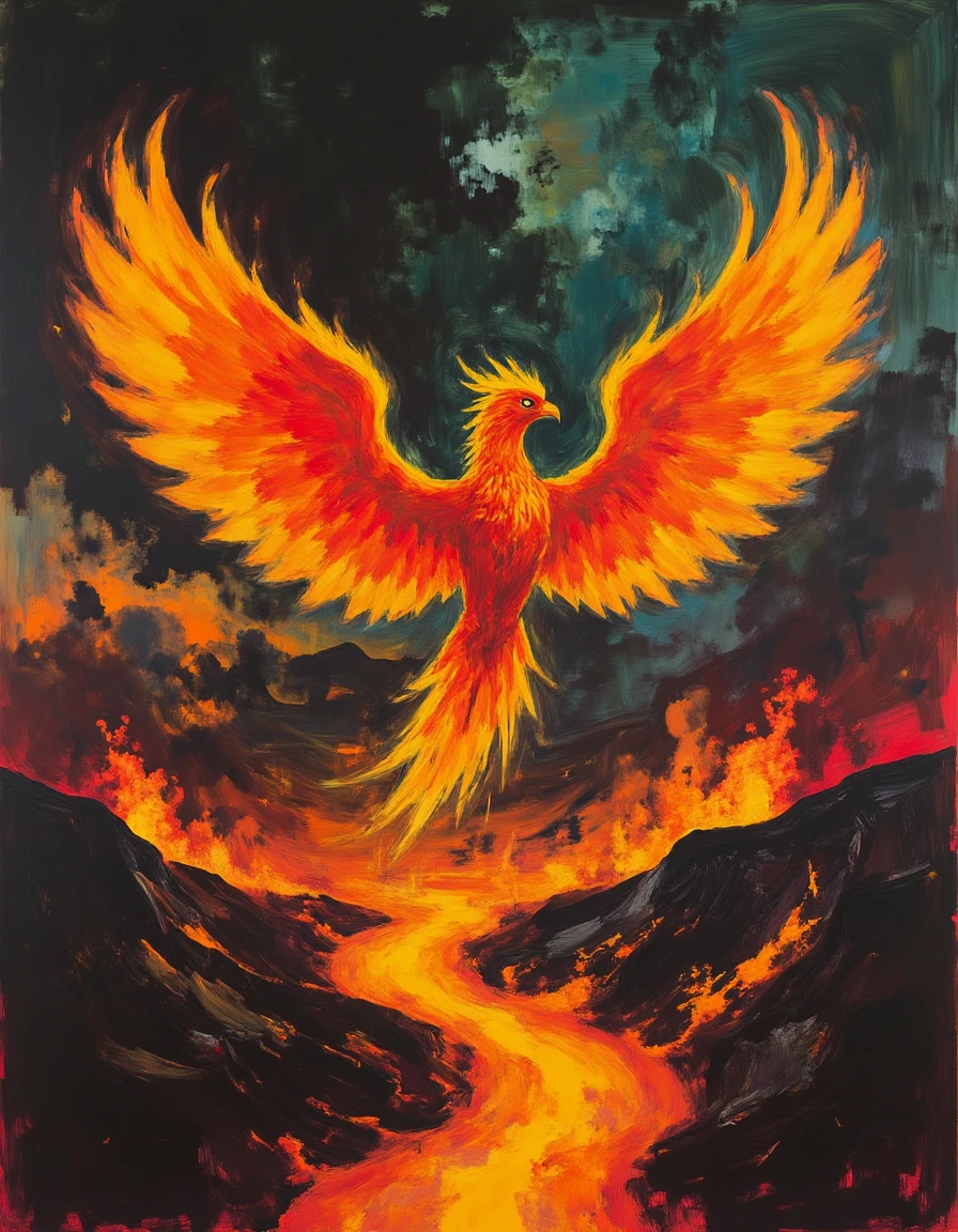 m0d3rnstr0k3s  A phoenix composed entirely of fire, with wings that trail flames and eyes that burn like embers. Background: A volcanic landscape with rivers of lava, smoking craters, and ash clouds swirling in the sky
<lora:Modern_Strokes:0.9>