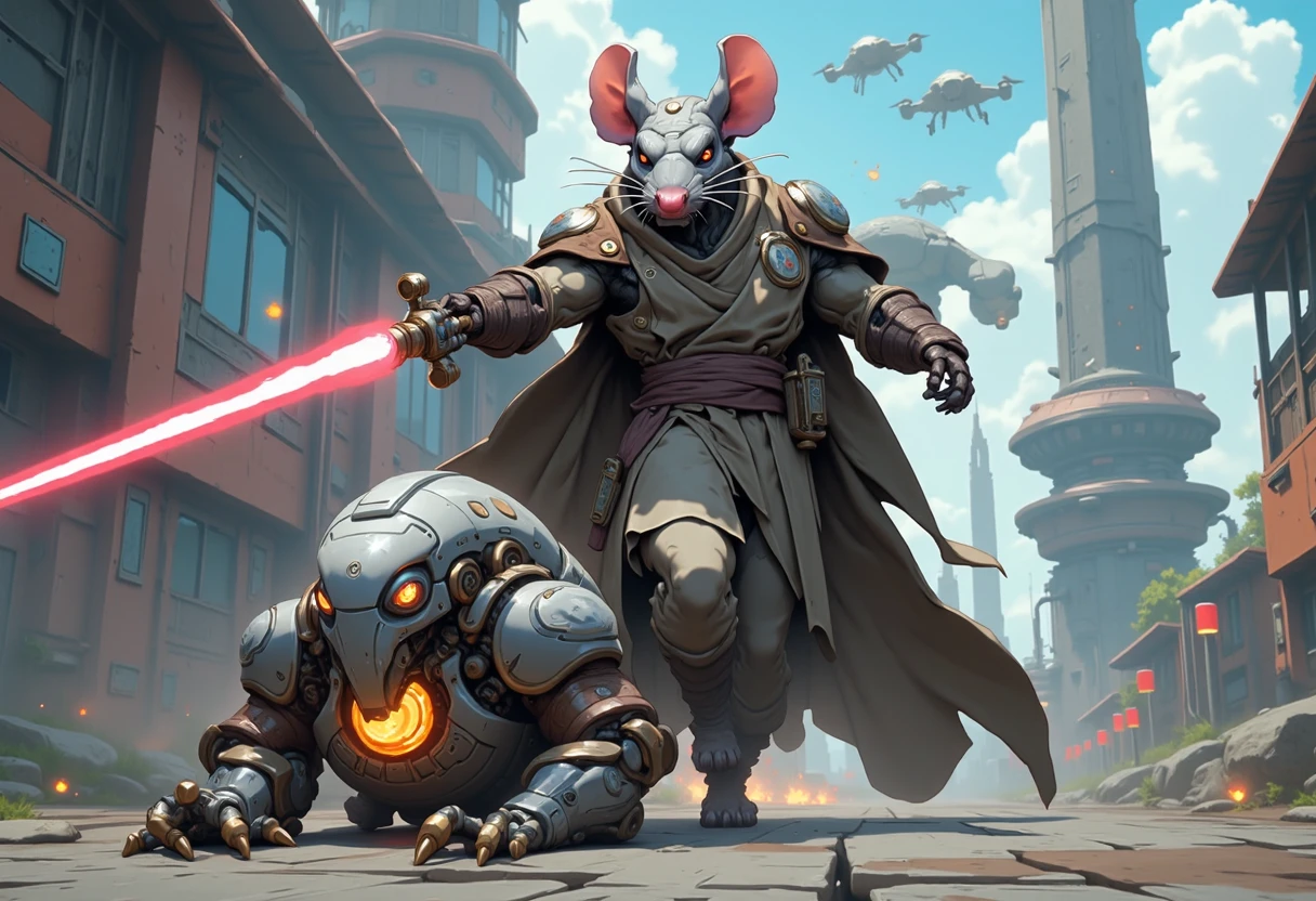 An NIJI anime artwork using muted colors, Huge rat dressed as a Jedi strides triumphantly, lightsaber in paw, foot on defeated ultrafuturistic robot. Jedi robe flows, cloak fluttering; saber emits vibrant glow. Robot lies defeated on floor, metallic limbs extended. Surrounding, shadows of futuristic structures hint at larger battle scene. Rat's expression is determined, eye gleaming with victory. Light reflects off helmet, casting radiant beams. Drones hover in background, sensors scanning environment. Sparks fly from robot's damaged core. Scene captures triumphant moment frozen in time, energy and motion vividly portrayed.