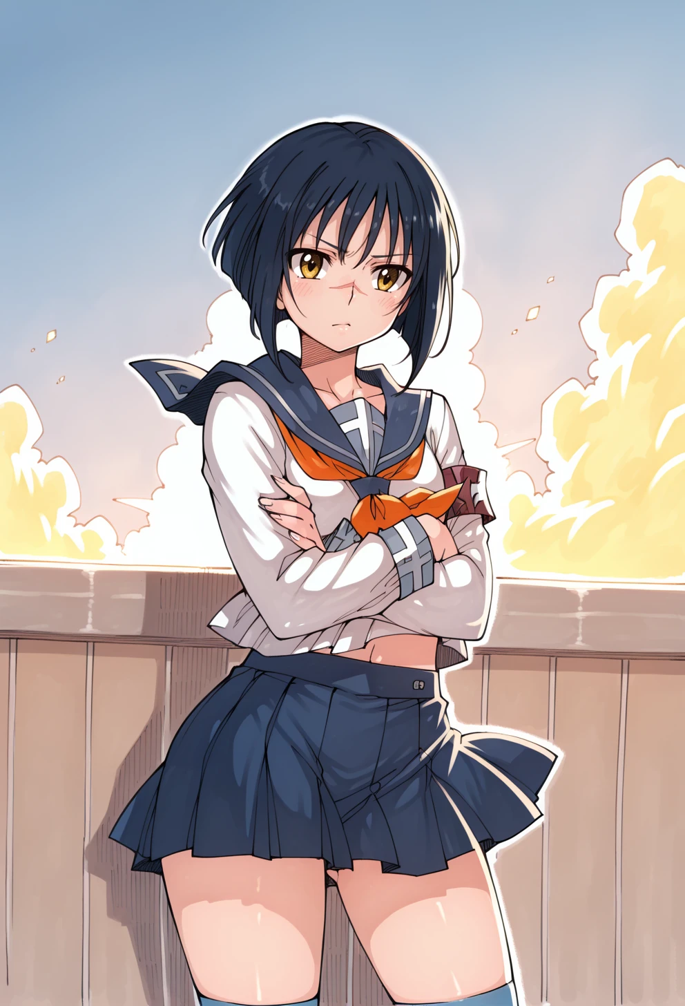 masterpiece, best quality, high quality, anime, solo, <lora:AETOKIKOILLX:0.9> cowboy shot, crossed arms, 
AETokikoDef, yellow eyes, dark blue hair, bobcut, short hair, scar on nose, School uniform, serafuku, orange neckerchief, armband, long sleeves, blue skirt, pleated skirt, blue socks, kneehighs, White footwear,
<lora:AESTYLER:1.35>