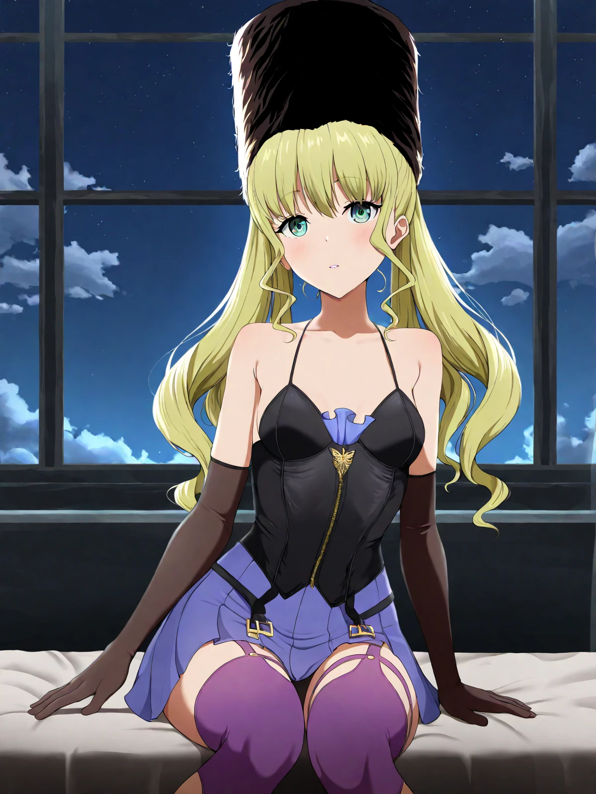 masterpiece, best quality, coro fae, anime coloring
<break>
mia karnstein, blonde hair, long hair, twintails, green eyes, spaghetti strap, fur hat, miniskirt, purple leggings, elbow gloves, zipper, bare shoulders, small breasts
<break>
1girl, solo, sitting, indoors, window, night sky, cloud