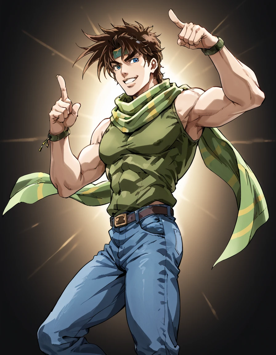 joseph joestar,1 man, green shirt, blue jeans, scarf, posing, pointing upwards,  <lora:Joseph_Joestar:0.8>