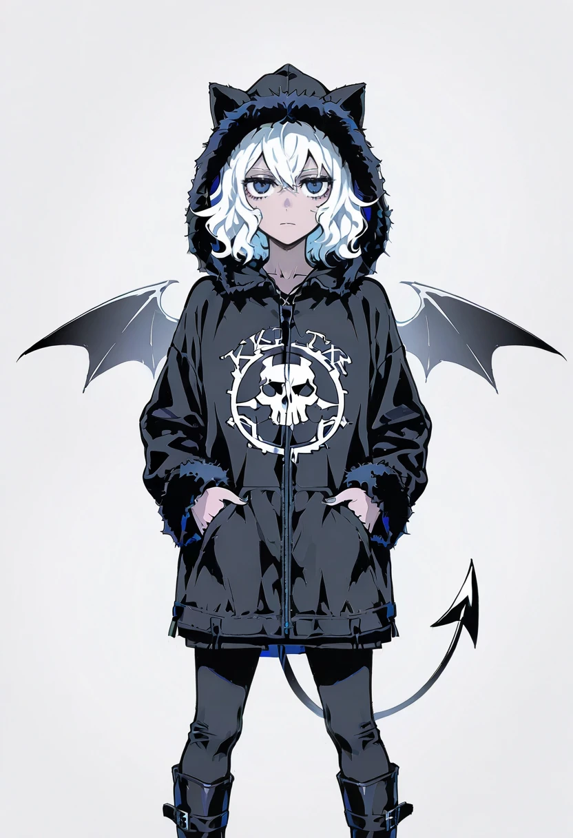 1girl,solo,looking at viewer,ikeda ruriko,y2k demon hoodie, hands in pockets, hood, boots, fur trim, jacket, animal hood, wings, demon tail,  modeus_(helltaker)