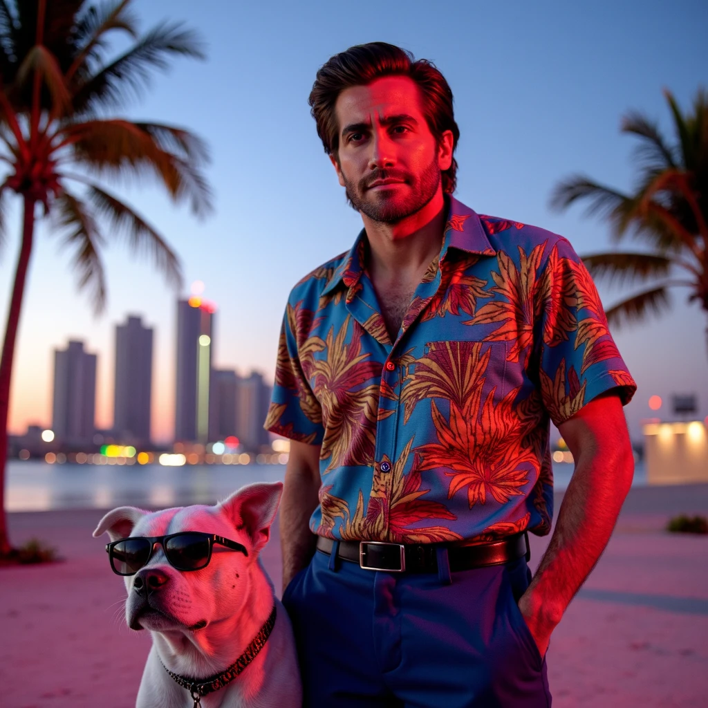 In a vaporwave-inspired scene Jake Gyllenhaal with a mullet haircut is a detective in a retro Miami Vice vibe, with a neon-lit city skyline in the background, palm trees swaying in the evening breeze. Jake is standing confidently in the foreground, wearing a colorful Hawaiian shirt with a bold, tropical print, with a white bulldog sidekick by his side who is wearing aviator glasses.