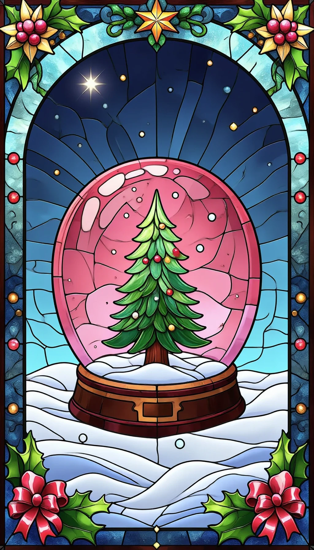 pinkchristmasstainedglass, 

A snow globe with a tiny Christmas tree inside, snowy background