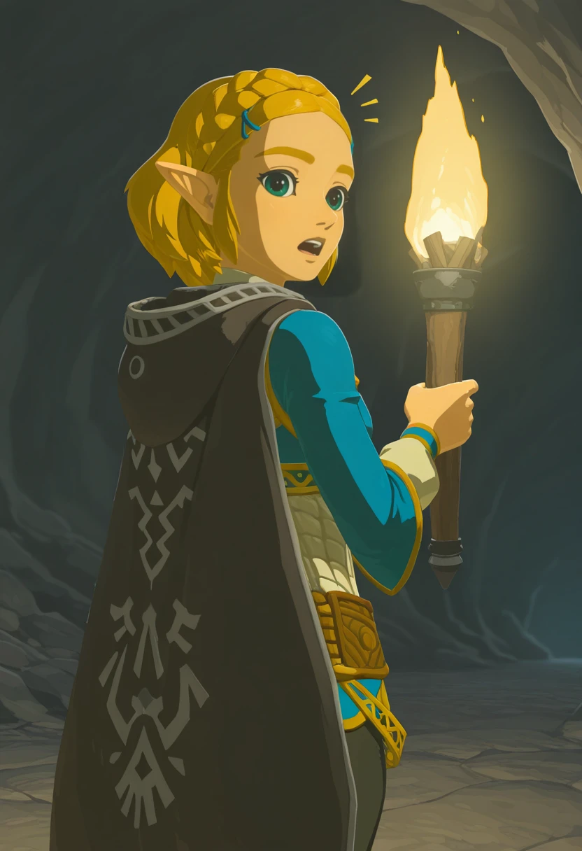 masterpiece, best quality, absurdres, highres, detailed background,
  1girl, princess zelda, blonde hair, pointy ears, totk, short hair, hair ornament, blue shirt, cape <lora:ZELDAkultyil:0.8>, cave, holding torch, surprised, looking back,