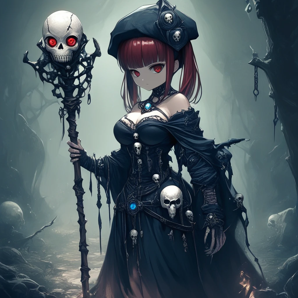 Necoutmb, necromancer wearing, hat, breasts,Staff, skull, holding, holding staff, 1girl, solo, pretty, beautiful, red hair, red eyes, twintails,