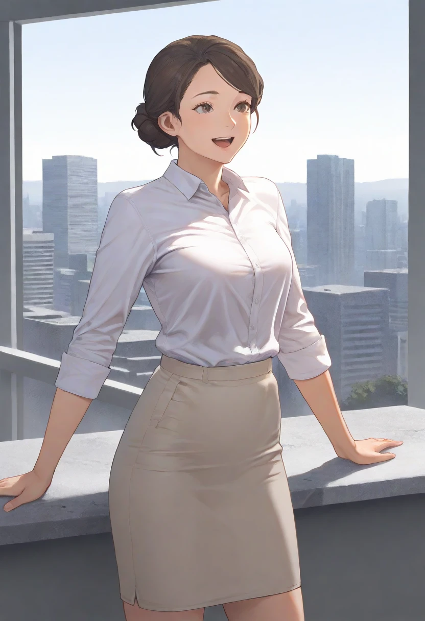 (masterpiece,best quality),1girl,solo, <lora:JVascoLSILlustrious:0.95>,jvascols,standing,in office,brown hair,short hair,single hair bun,collared shirt,dress shirt,skirt,cowboy shot,facing viewer,concrete,cityscape in background,indoors,brown eyes,happy,standing straight