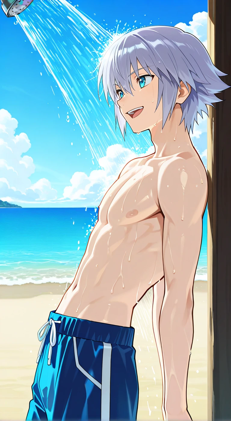 score_9, score_8_up, score_7_up, source_anime, highres, (masterpiece, best quality, (anime, anime coloring:1.3),1boy,solo,male focus,Anime screencap,riku,blue eyes,grey hair,short hair,smile,turn around,blue swim trunks,topless male,outdoor,beach,showering,wet body,open mouth