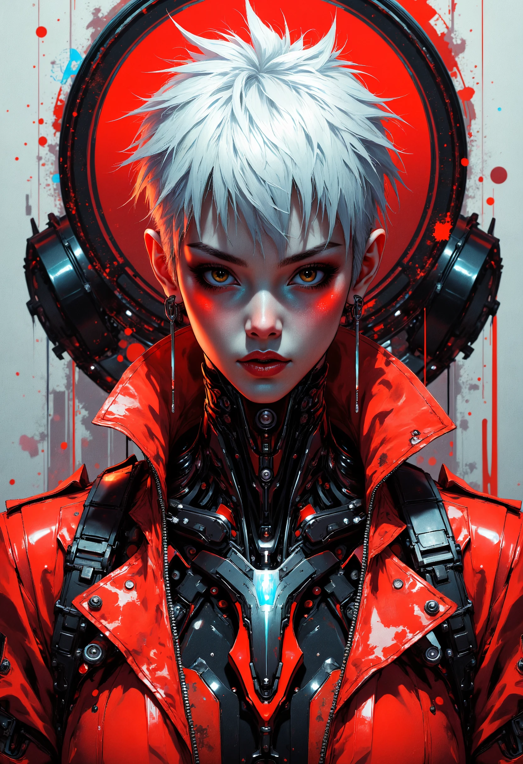 masterpiece, high-quality, A cybernetic woman in sleek red and black armor, her short white hair contrasting sharply with her intense gaze, Her armor is streamlined with metallic accents and a translucent larger image of herself looms behind as if showing her inner power, neon reflections, minimalistic composition, (elaborate fine details:1.1), (hyperdetailed:1.1), (intricate details:1.0), (Refined details:1.1), (best quality:1.1), (high resolution:1.2) , <lora:FLUX\EmberveilV3:1.0>