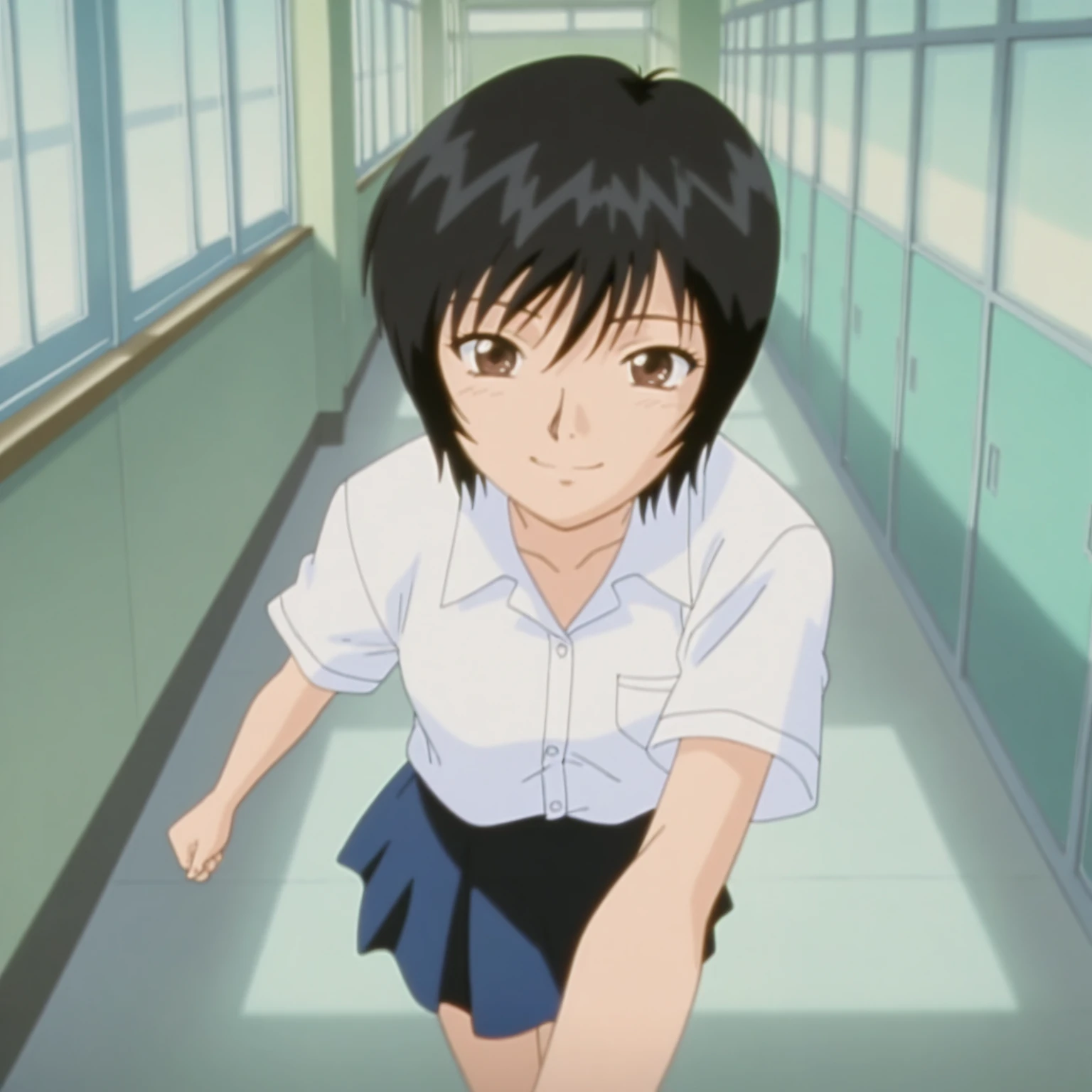 ((best quality)), ((masterpiece)), (detailed), 
1girl, solo, white polo shirt, white sneakers, tennis wear, white miniskirt, masterpiece, best quality, realistic, hyper-detailed, (shiny skin, sweaty:1.4), absurd, looking at viewer, short black hair, brown eyes, slender, dynamic lighting, high resolution, sharp focus, depth of field, detailed eyes, sharp pupils, realistic pupils, (small breasts:1.6), (thick thighs:1.0), outdoor, sky, miyazaki hayao