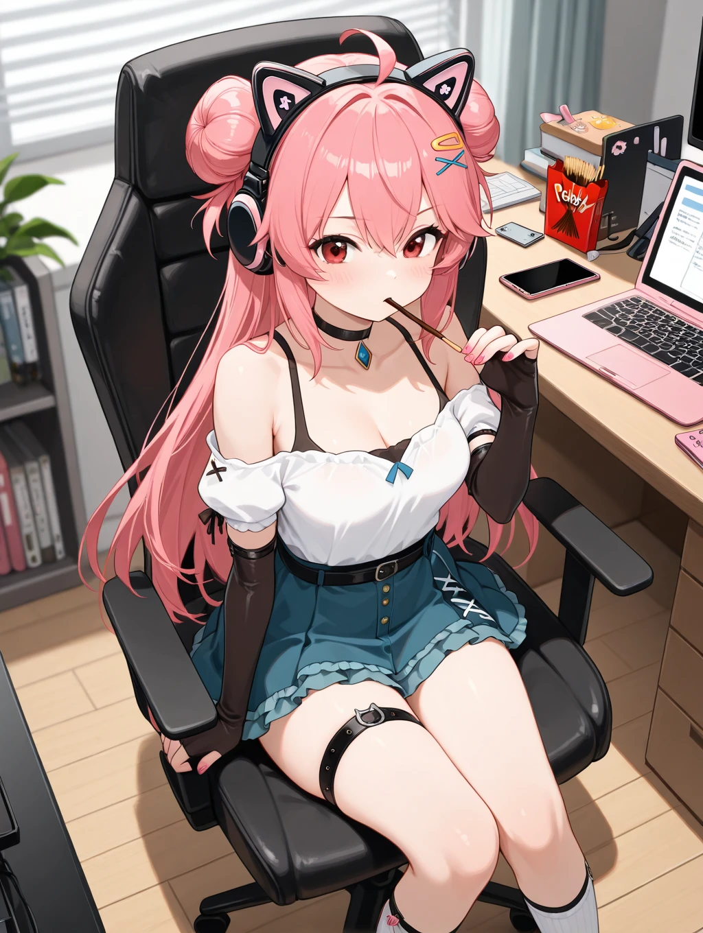 ruri, 1girl, solo, long hair, looking at viewer, skirt, shirt, hair ornament, red eyes, gloves, holding, animal ears, hair between eyes, bare shoulders, sitting, white shirt, pink hair, ahoge, food, choker, black gloves, socks, hairclip, elbow gloves, indoors, fingerless gloves, hair bun, nail polish, blue skirt, double bun, thigh strap, fake animal ears, headphones, black choker, chair, phone, cellphone, smartphone, pink nails, desk, pocky, computer, monitor, laptop, keyboard (computer), office chair, animal ear headphones, cat ear headphones, mouse (computer)



masterpiece, best quality,amazing quality, very aesthetic, absurdres, depth of field, blurry background, extremely detailed face, detailed eyes