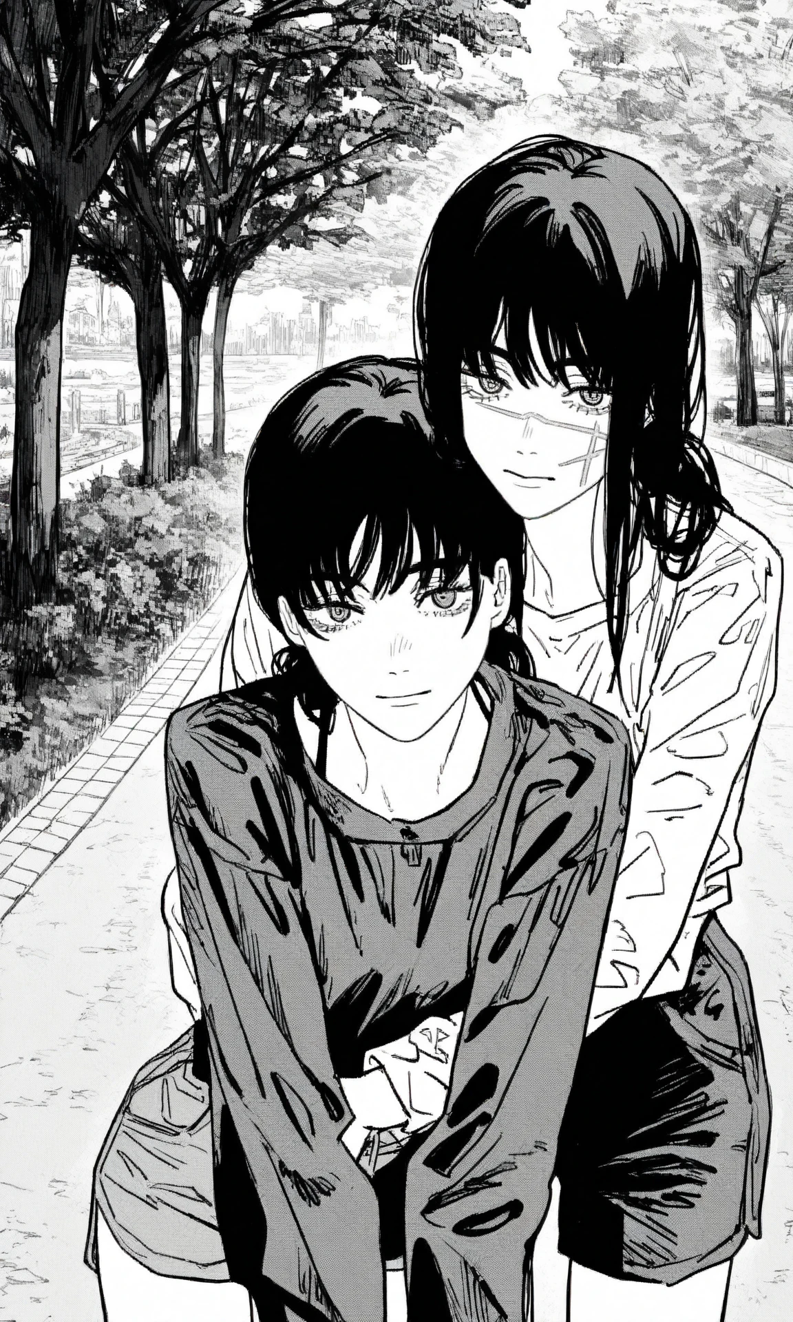 monochrome, greyscale, 2girls, (hug from behind:1.1), straight-on, head on another's shoulder, yoru \(chainsaw man\), (long hair:1.2), (scar on face:0.8), mitaka asa, (low twintails:0.5), jumper, casual, shorts, park, tree, path, closed mouth, light smile, leaning forward, looking at viewer, (masterpiece, best quality, very awa:1.0)