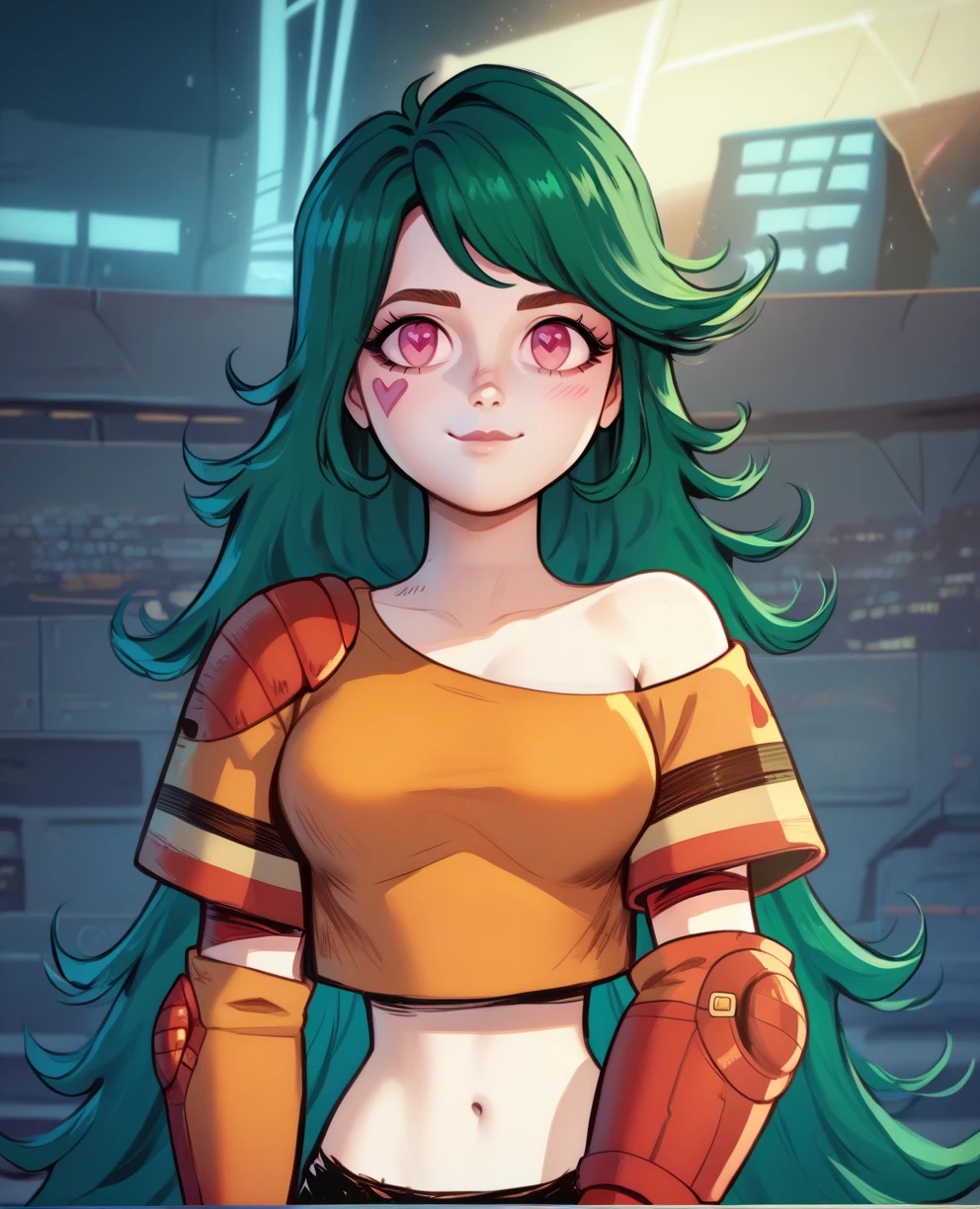 score_9,score_8_up,score_7_up,score_6_up,score_5_up,score_4_up,
Duleenaxl,pink eyes,green hair,heart,long hair,light smile,
orange shirt,black shorts,off shoulder,short sleeves,
standing,upper body,
red elbow pads,red gloves,
science fiction,neon lights,stadium,
<lora:DuleenaDuneeda-12alt:1>,